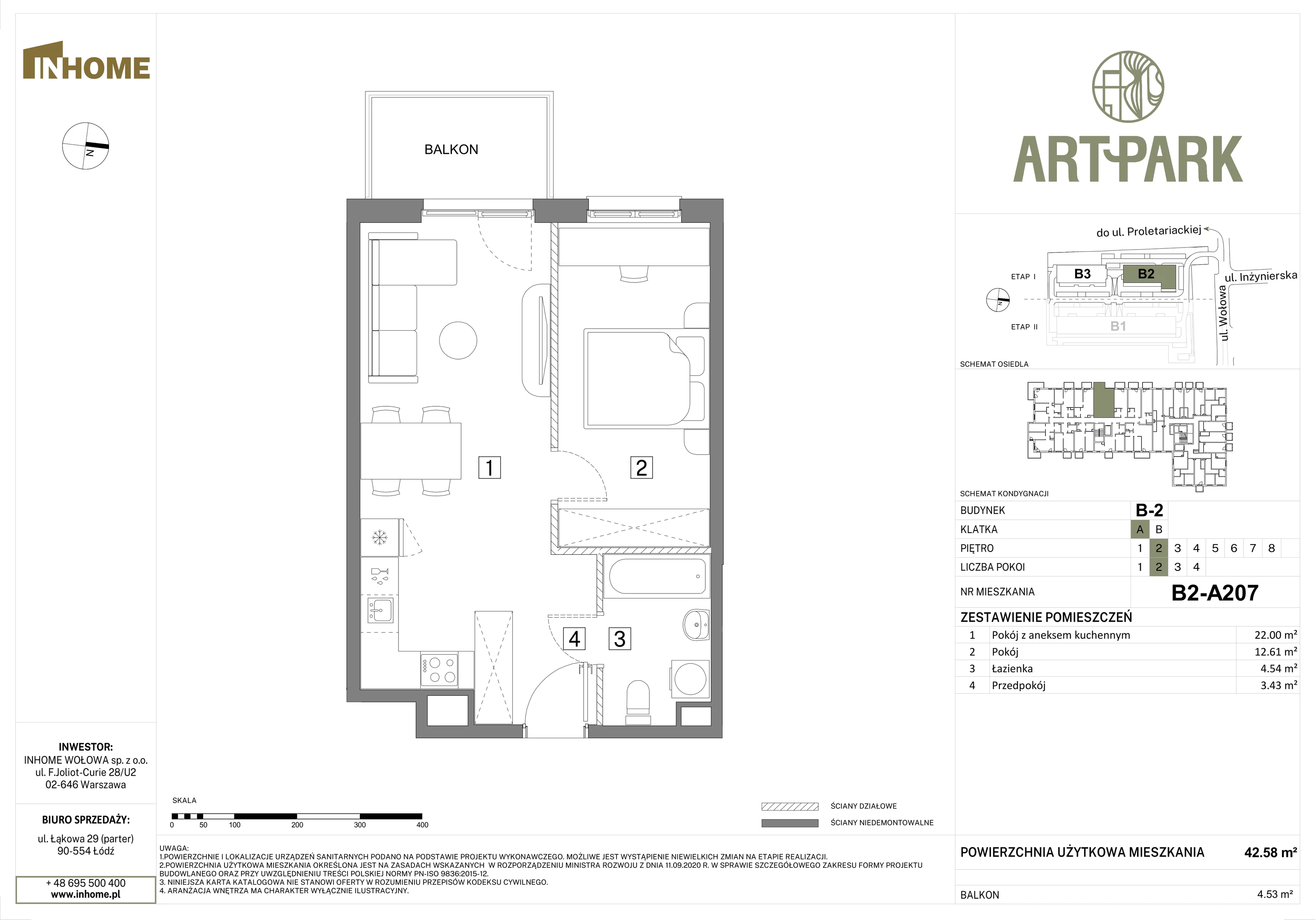 2 pokoje, mieszkanie 42,58 m², piętro 2, oferta nr B2/A207, Osiedle ArtPark, Łódź, Polesie, ul. Wołowa 4a
