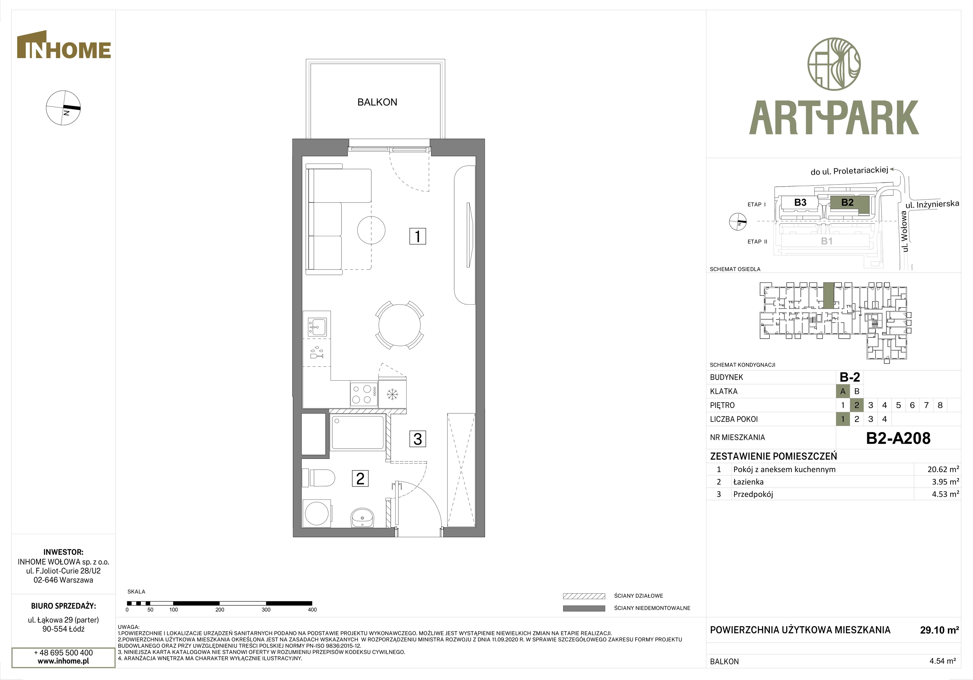 1 pokój, mieszkanie 29,09 m², piętro 2, oferta nr B2/A208, Osiedle ArtPark, Łódź, Polesie, ul. Wołowa 4a
