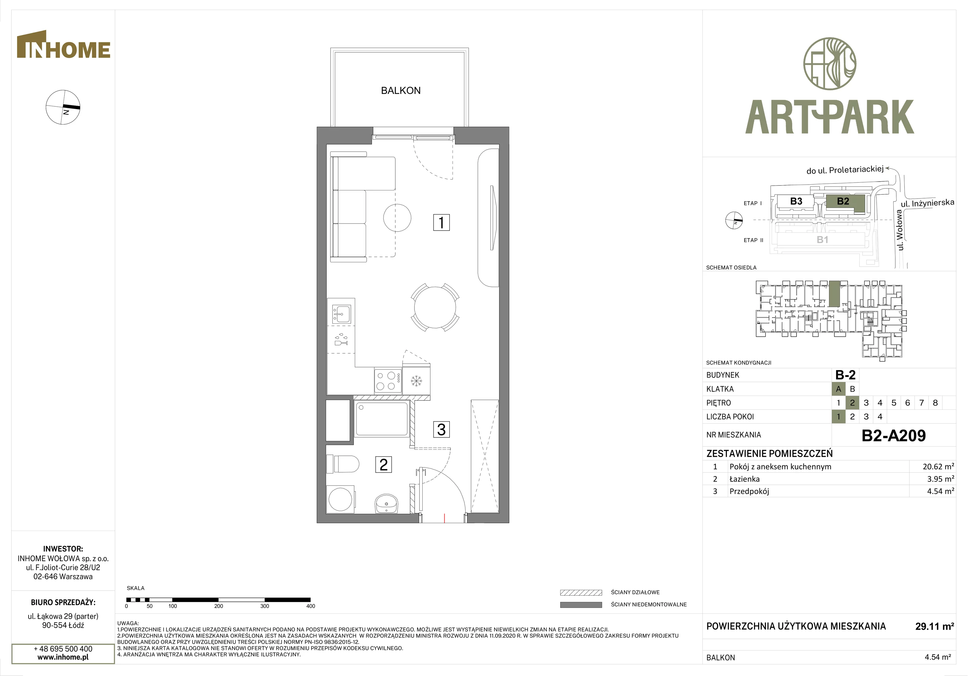 1 pokój, mieszkanie 29,09 m², piętro 2, oferta nr B2/A209, Osiedle ArtPark, Łódź, Polesie, ul. Wołowa 4a