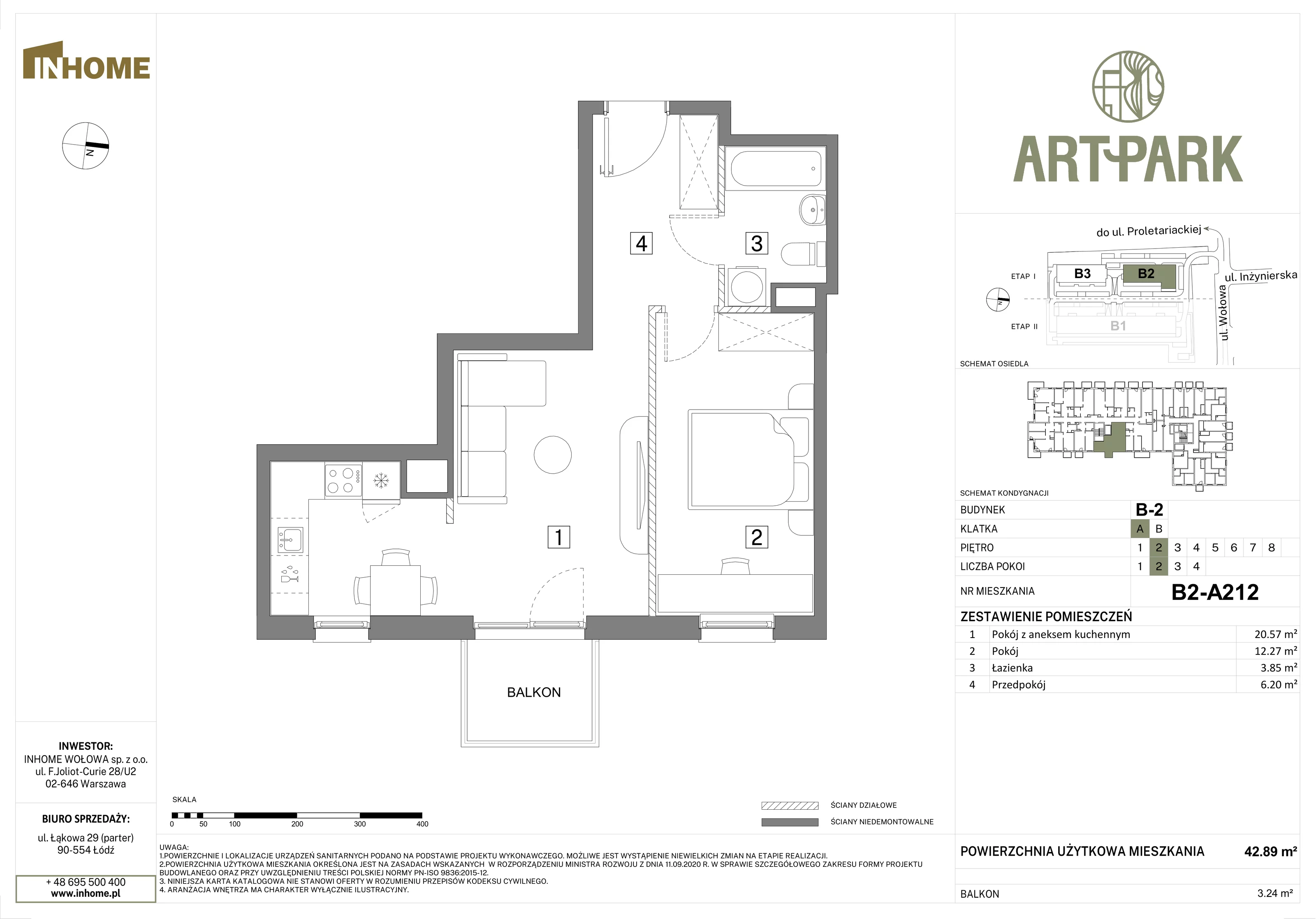 2 pokoje, mieszkanie 42,89 m², piętro 2, oferta nr B2/A212, Osiedle ArtPark, Łódź, Polesie, ul. Wołowa 4a