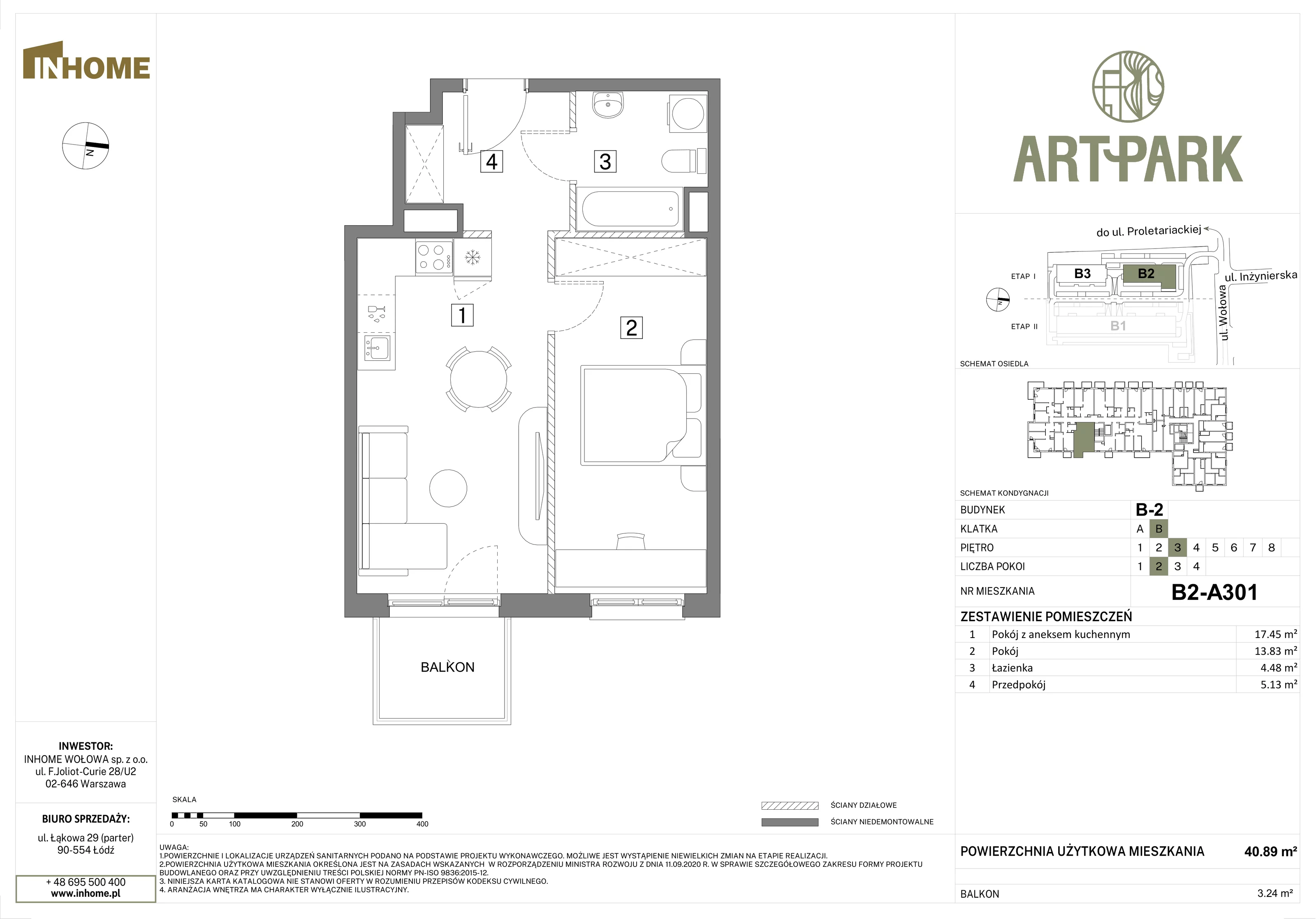 2 pokoje, mieszkanie 40,88 m², piętro 3, oferta nr B2/A301, Osiedle ArtPark, Łódź, Polesie, ul. Wołowa 4a