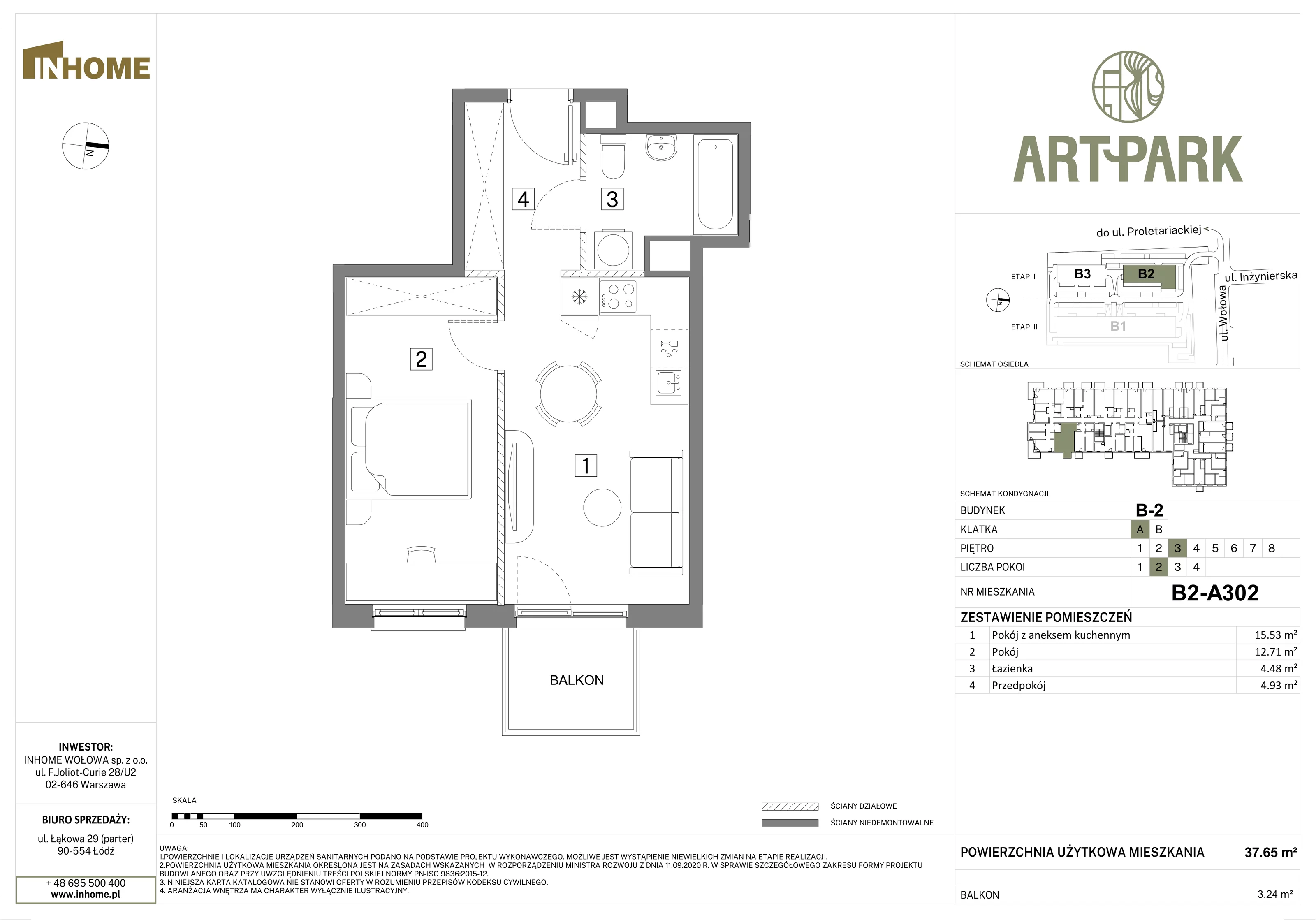 2 pokoje, mieszkanie 37,65 m², piętro 3, oferta nr B2/A302, Osiedle ArtPark, Łódź, Polesie, ul. Wołowa 4a