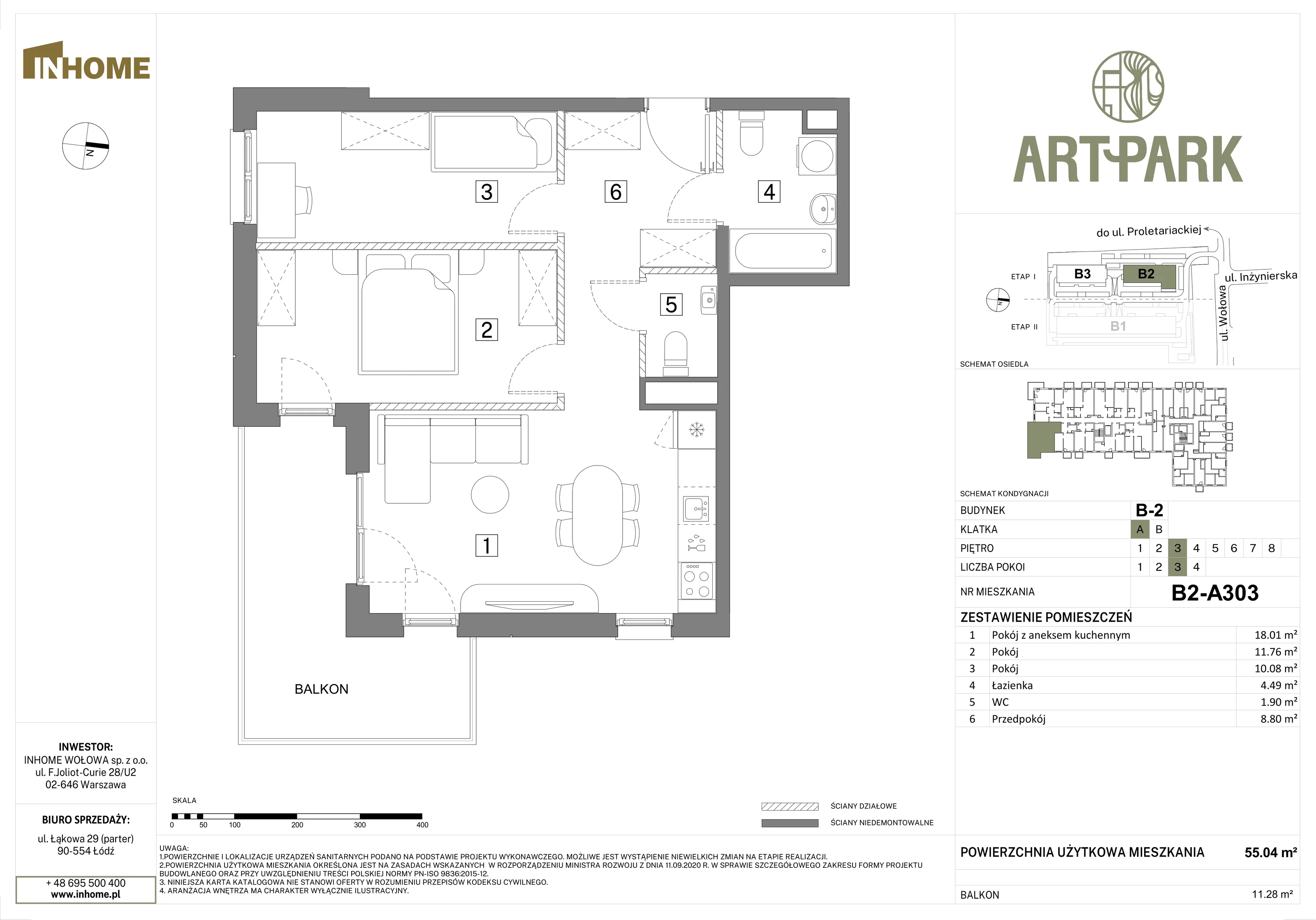 3 pokoje, mieszkanie 55,03 m², piętro 3, oferta nr B2/A303, Osiedle ArtPark, Łódź, Polesie, ul. Wołowa 4a