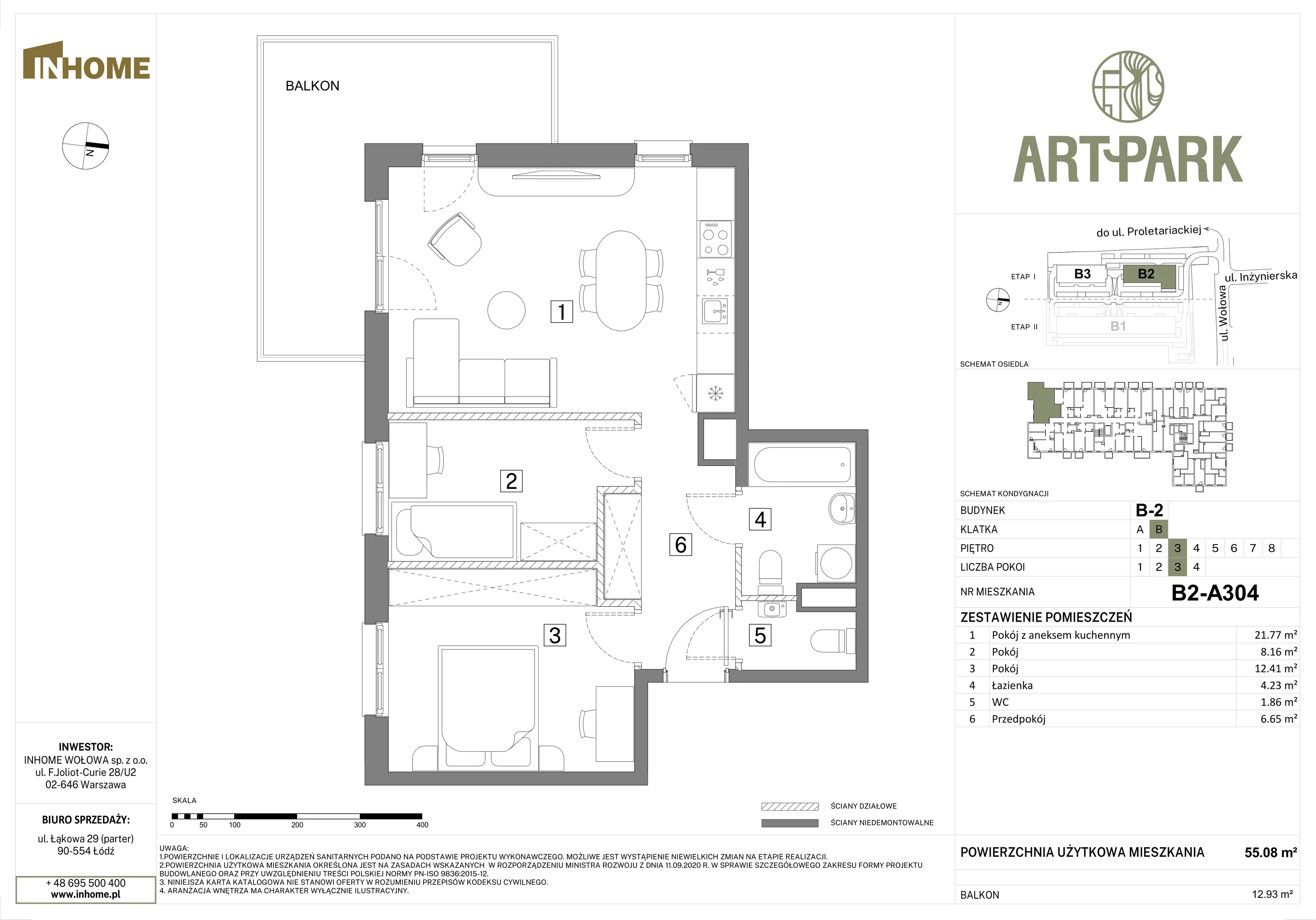 3 pokoje, mieszkanie 55,14 m², piętro 3, oferta nr B2/A304, Osiedle ArtPark, Łódź, Polesie, ul. Wołowa 4a