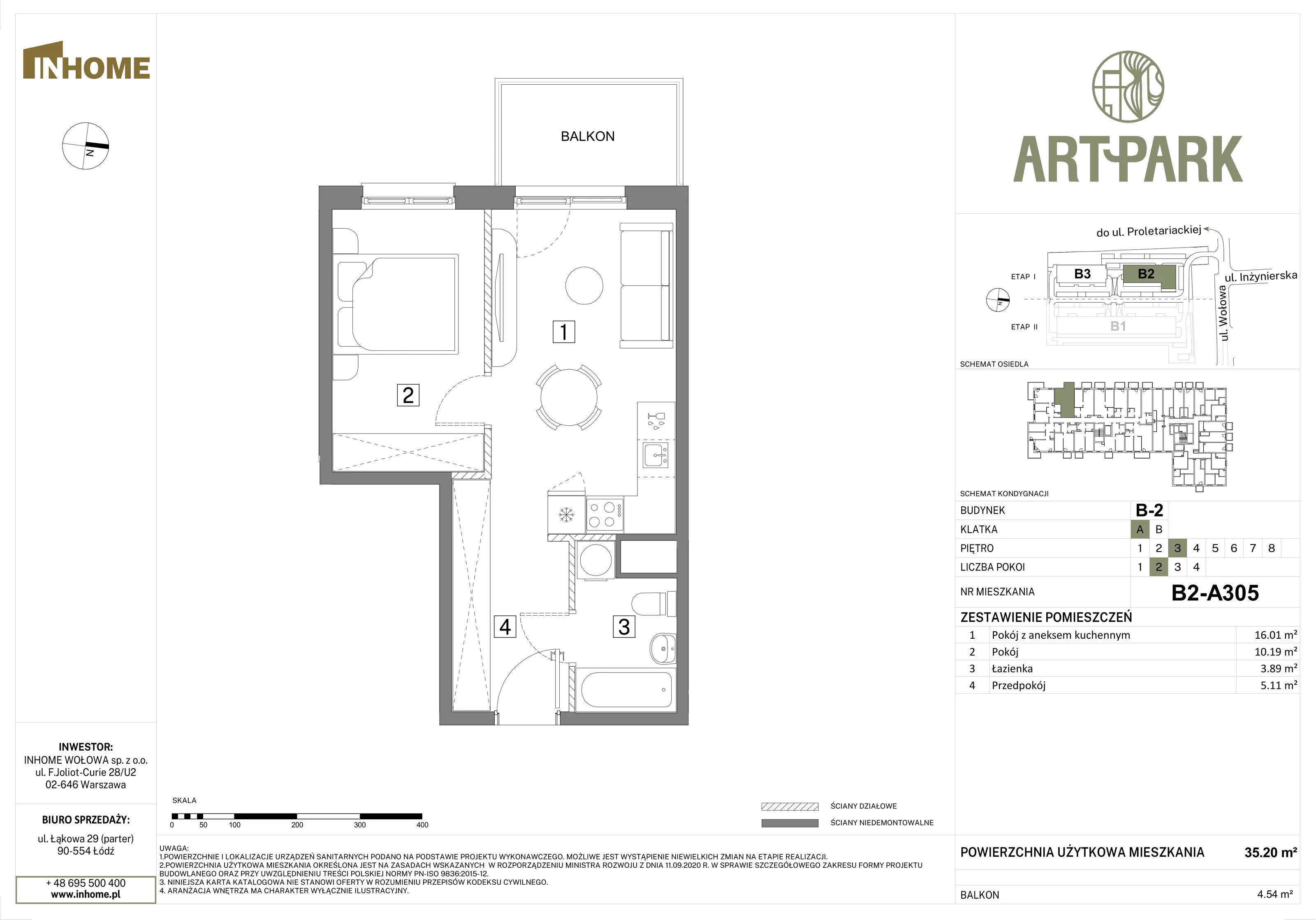 2 pokoje, mieszkanie 35,22 m², piętro 3, oferta nr B2/A305, Osiedle ArtPark, Łódź, Polesie, ul. Wołowa 4a
