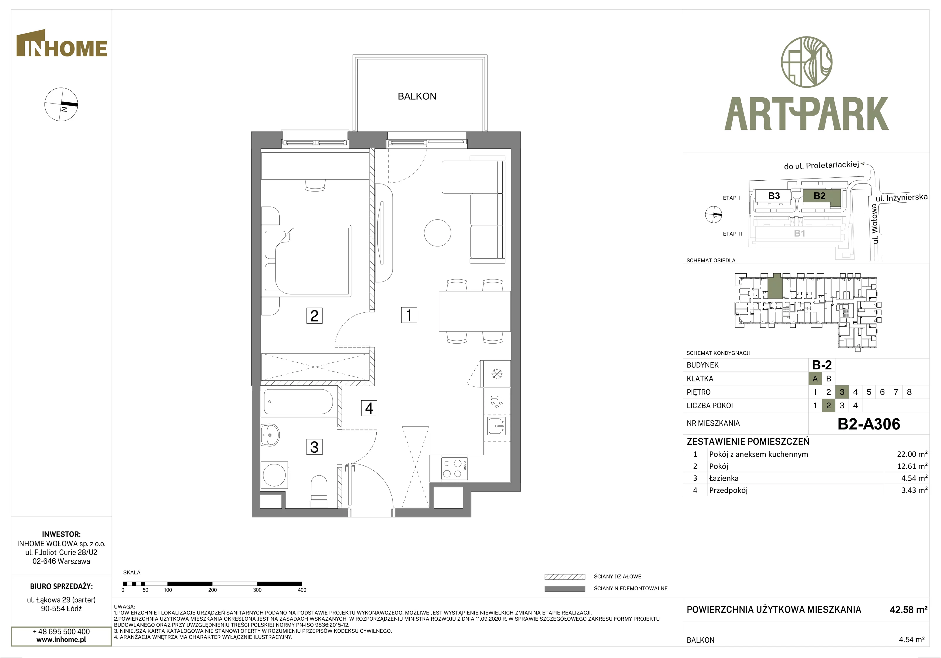2 pokoje, mieszkanie 42,58 m², piętro 3, oferta nr B2/A306, Osiedle ArtPark, Łódź, Polesie, ul. Wołowa 4a