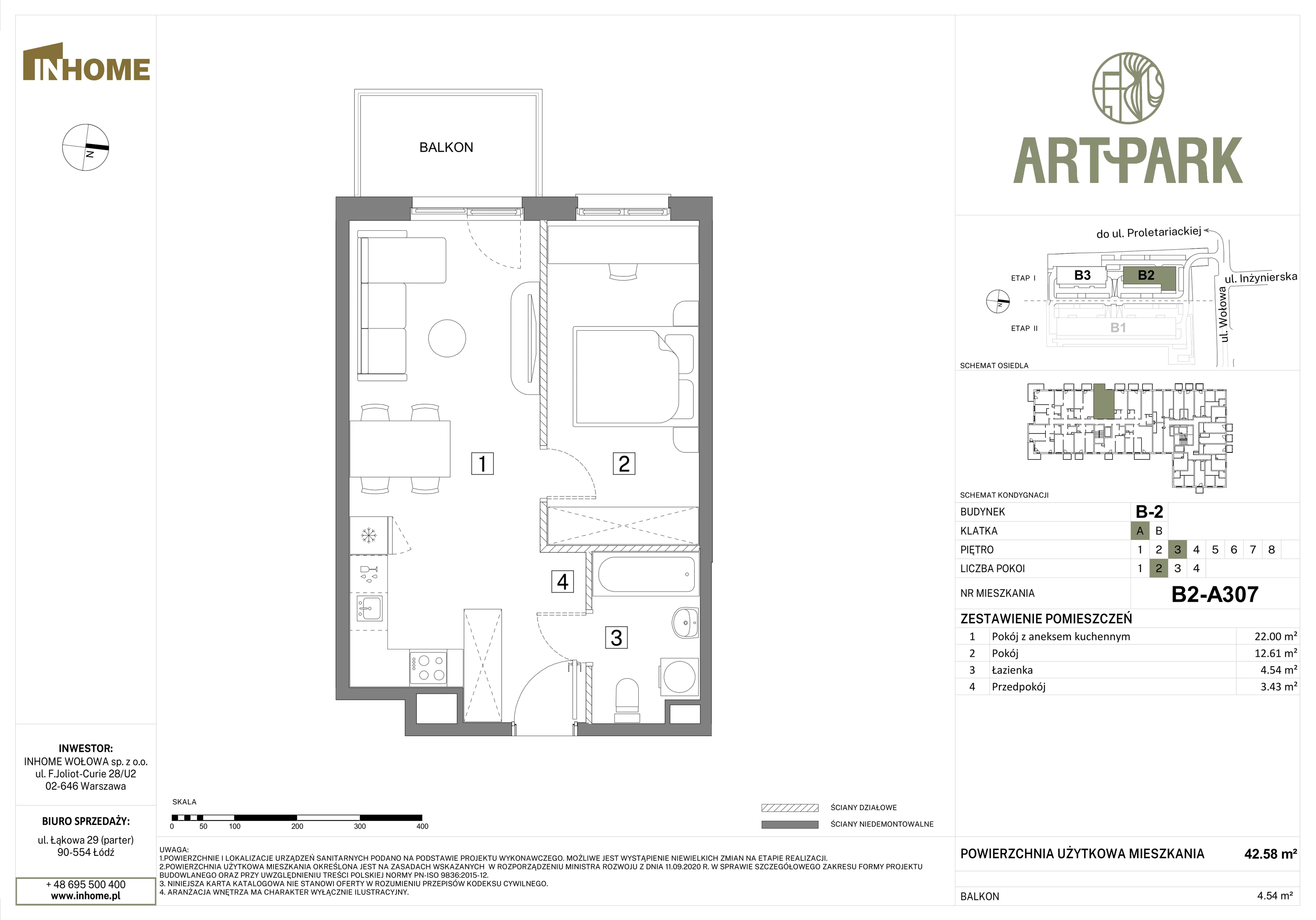 2 pokoje, mieszkanie 42,58 m², piętro 3, oferta nr B2/A307, Osiedle ArtPark, Łódź, Polesie, ul. Wołowa 4a