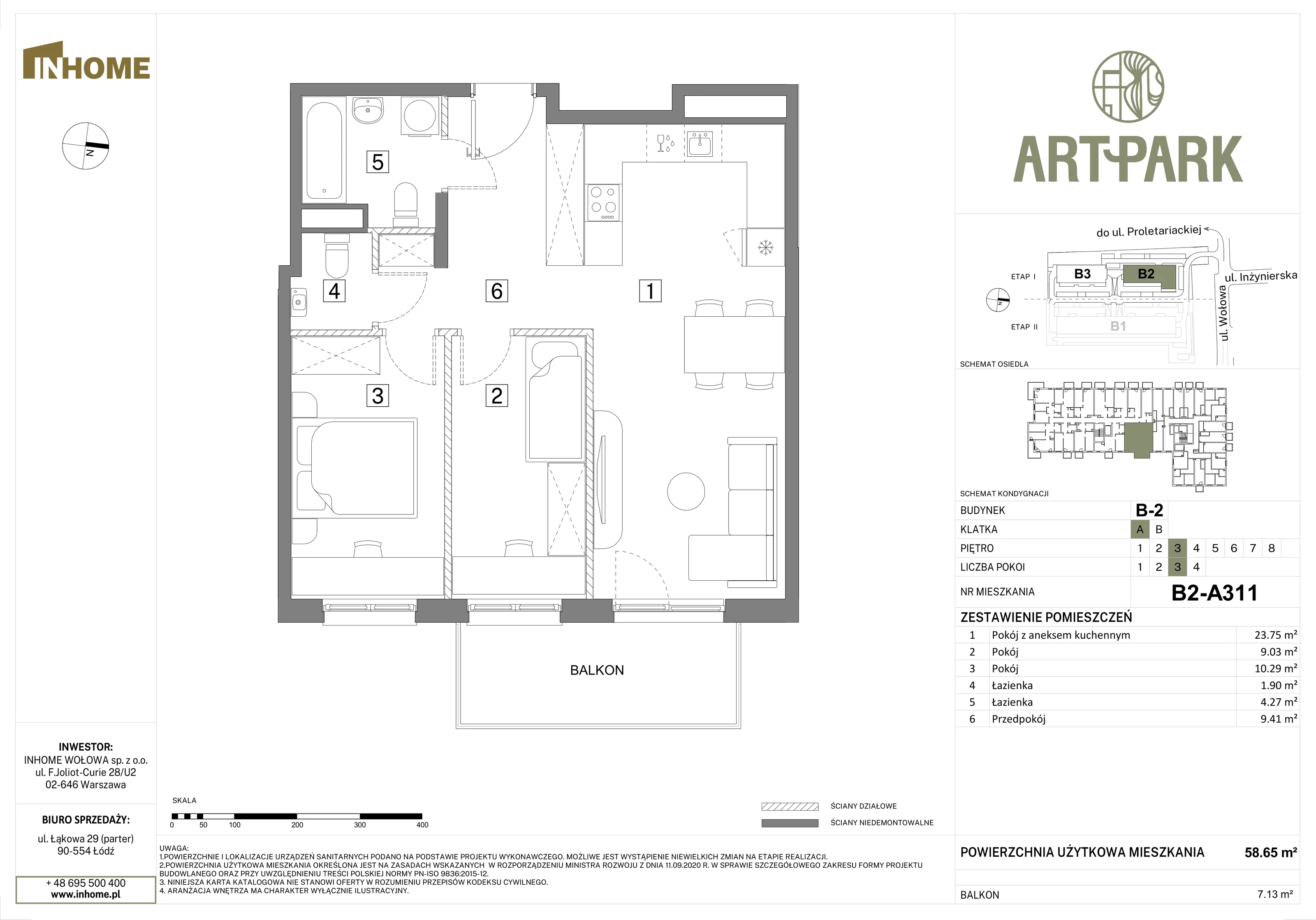3 pokoje, mieszkanie 58,66 m², piętro 3, oferta nr B2/A311, Osiedle ArtPark, Łódź, Polesie, ul. Wołowa 4a