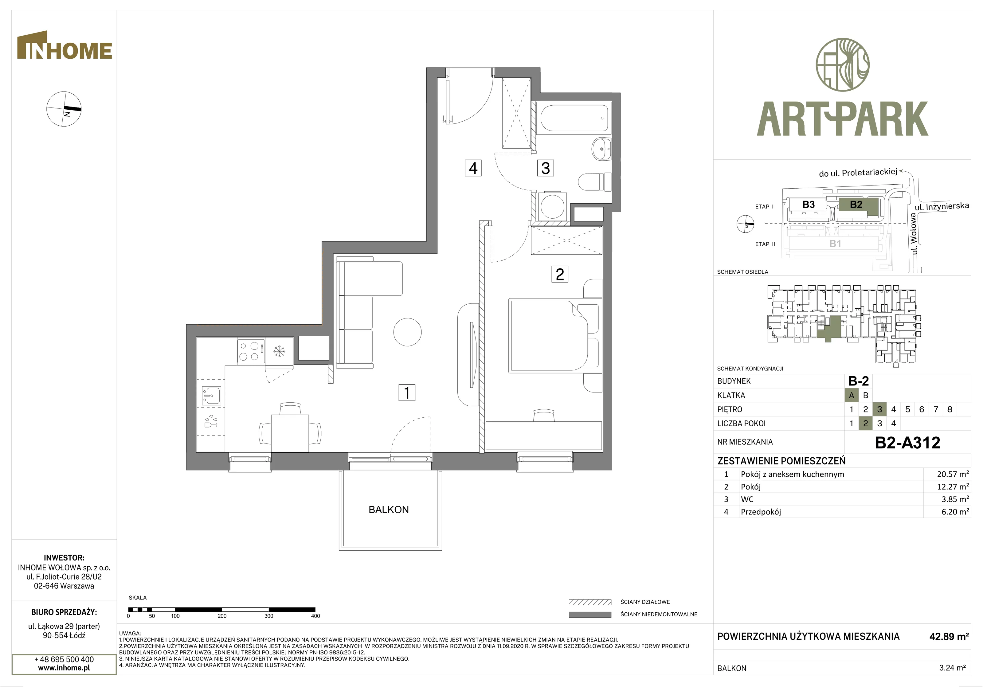 2 pokoje, mieszkanie 42,89 m², piętro 3, oferta nr B2/A312, Osiedle ArtPark, Łódź, Polesie, ul. Wołowa 4a