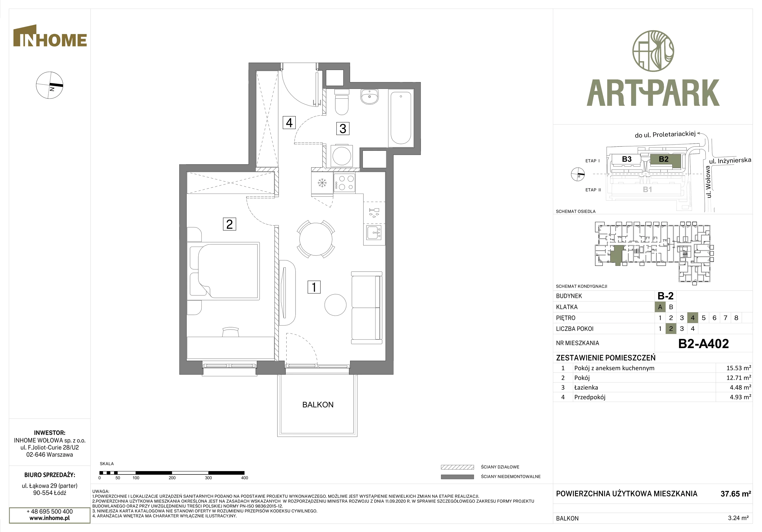 2 pokoje, mieszkanie 37,65 m², piętro 4, oferta nr B2/A402, Osiedle ArtPark, Łódź, Polesie, ul. Wołowa 4a