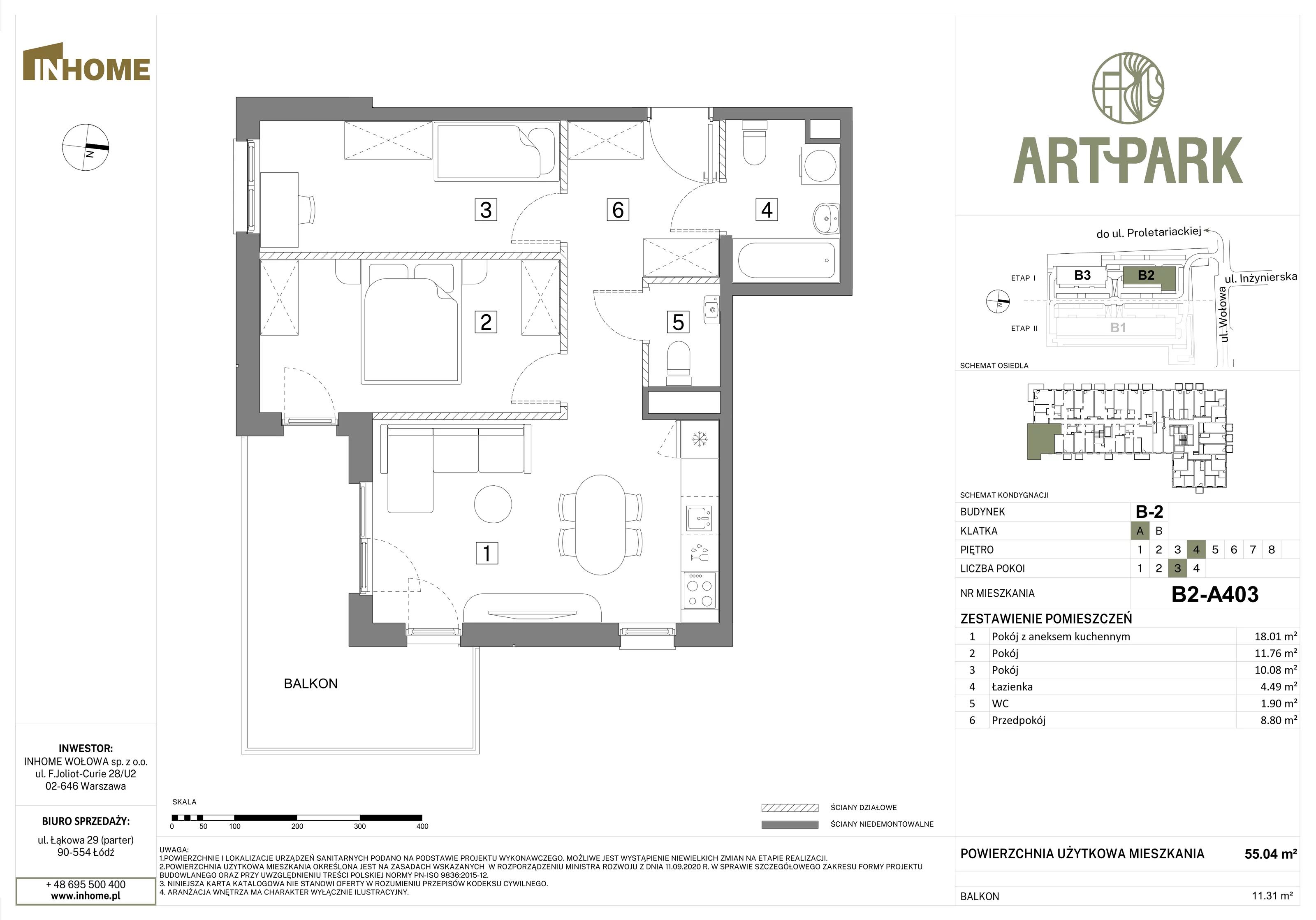 3 pokoje, mieszkanie 55,03 m², piętro 4, oferta nr B2/A403, Osiedle ArtPark, Łódź, Polesie, ul. Wołowa 4a
