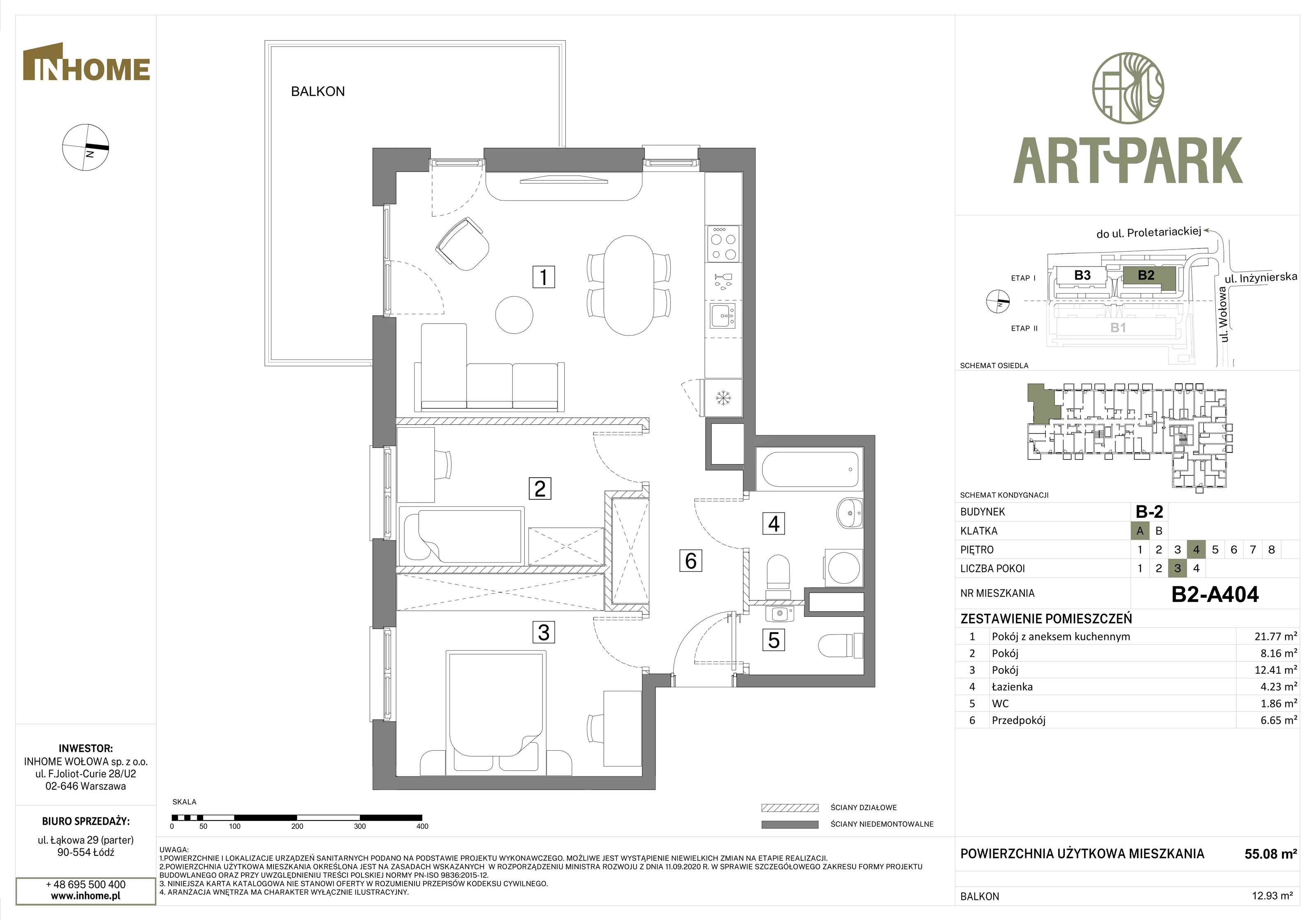 3 pokoje, mieszkanie 55,14 m², piętro 4, oferta nr B2/A404, Osiedle ArtPark, Łódź, Polesie, ul. Wołowa 4a