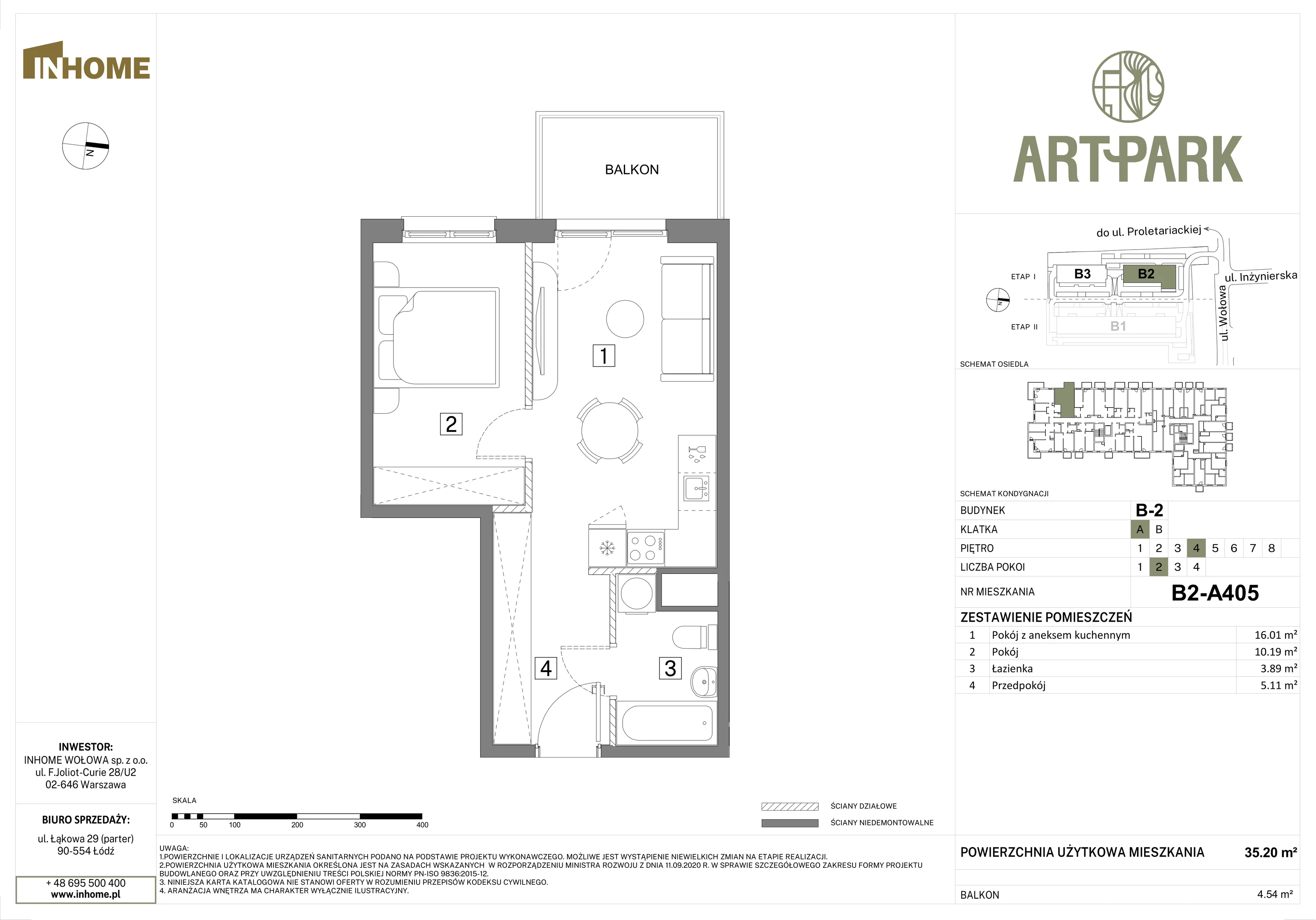2 pokoje, mieszkanie 35,22 m², piętro 4, oferta nr B2/A405, Osiedle ArtPark, Łódź, Polesie, ul. Wołowa 4a