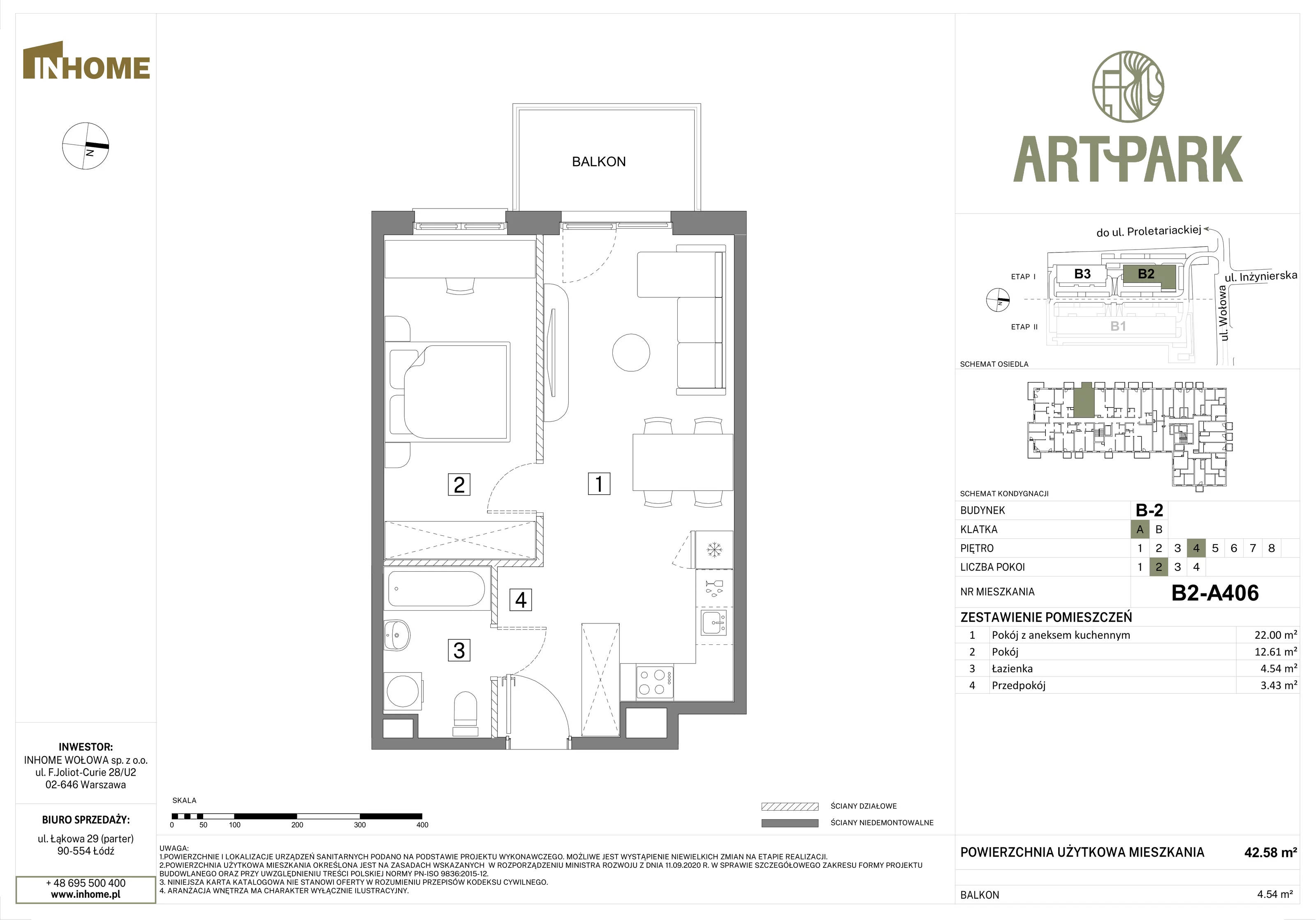 2 pokoje, mieszkanie 42,58 m², piętro 4, oferta nr B2/A406, Osiedle ArtPark, Łódź, Polesie, ul. Wołowa 4a