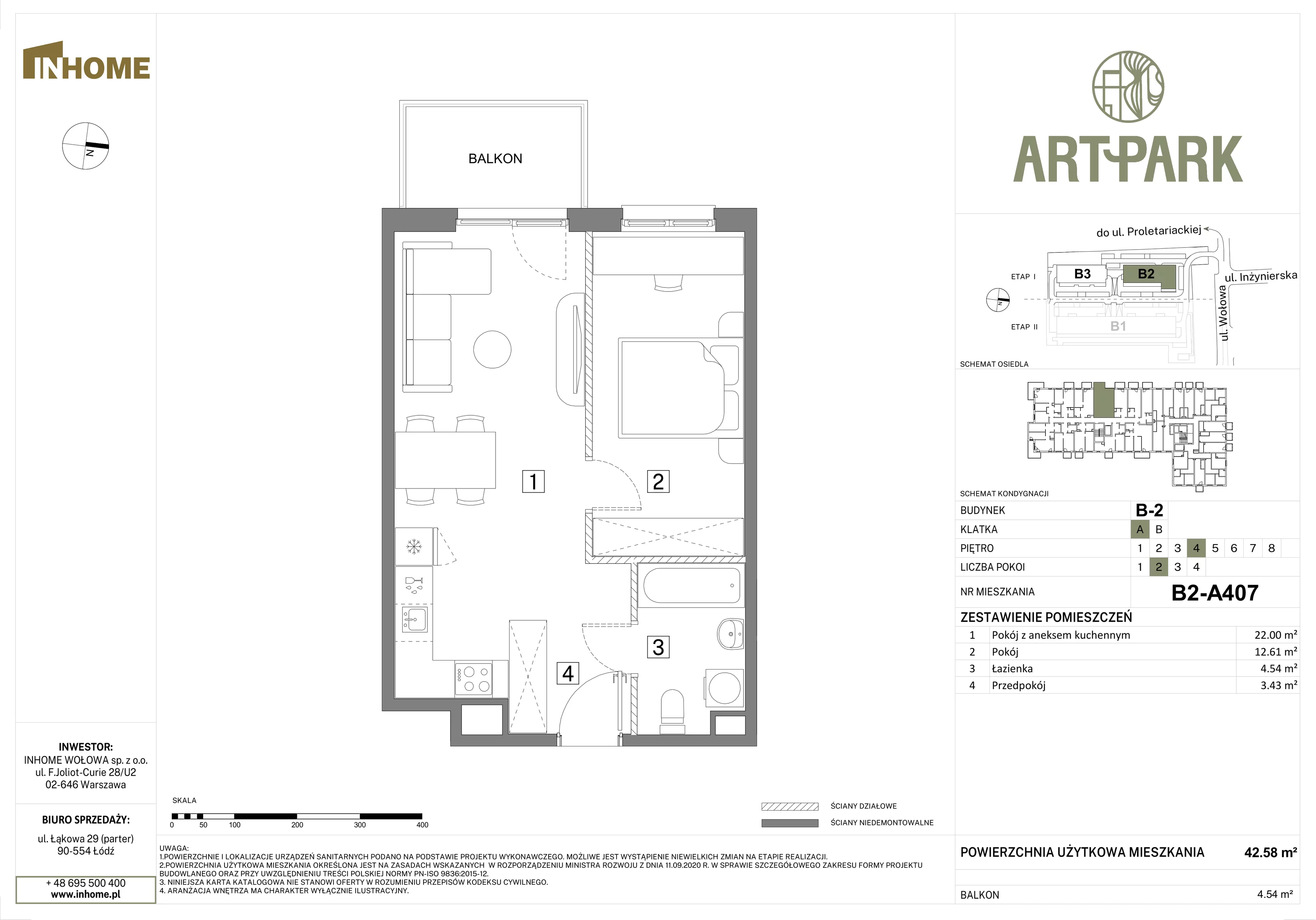 2 pokoje, mieszkanie 42,58 m², piętro 4, oferta nr B2/A407, Osiedle ArtPark, Łódź, Polesie, ul. Wołowa 4a