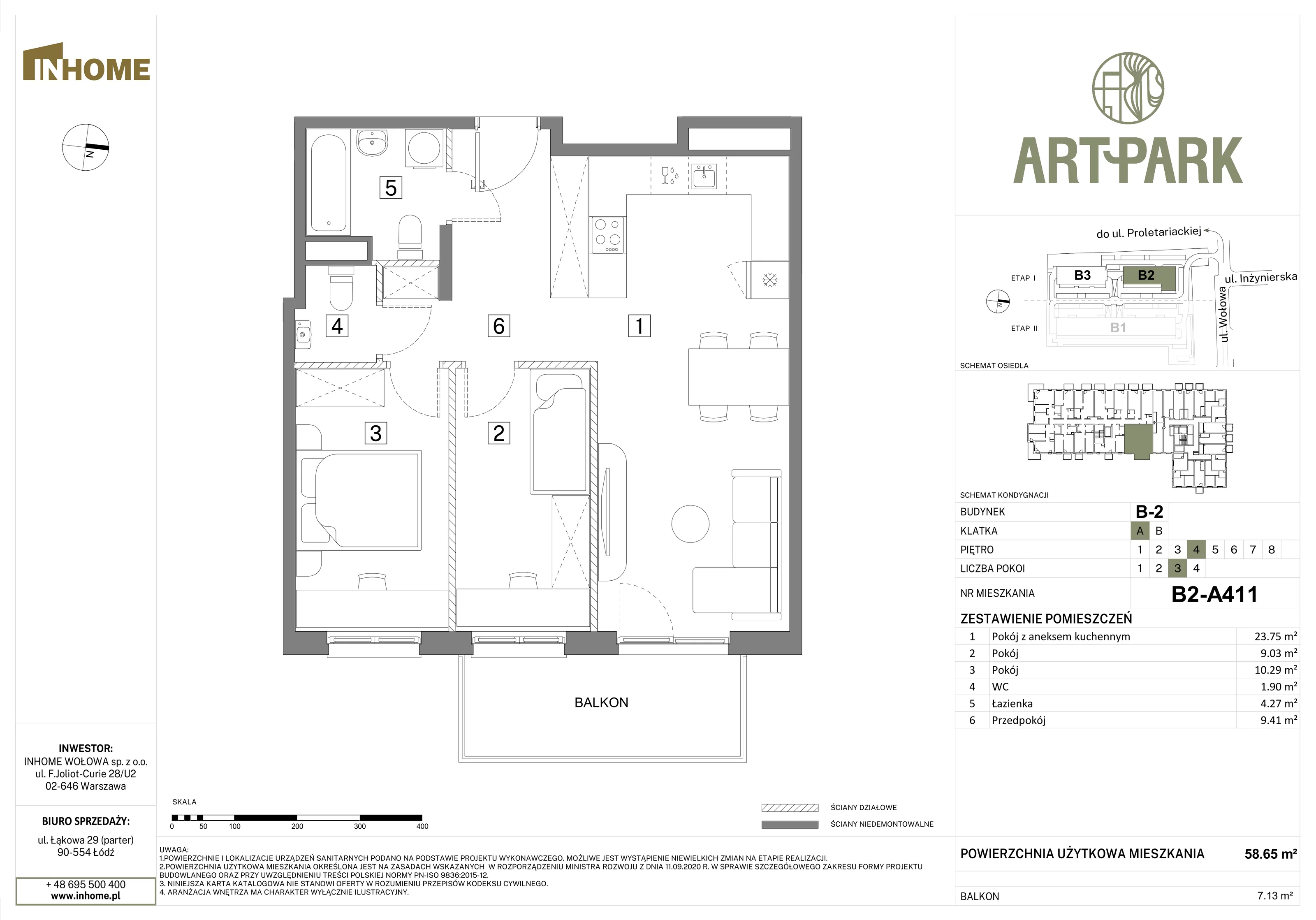 3 pokoje, mieszkanie 58,66 m², piętro 4, oferta nr B2/A411, Osiedle ArtPark, Łódź, Polesie, ul. Wołowa 4a