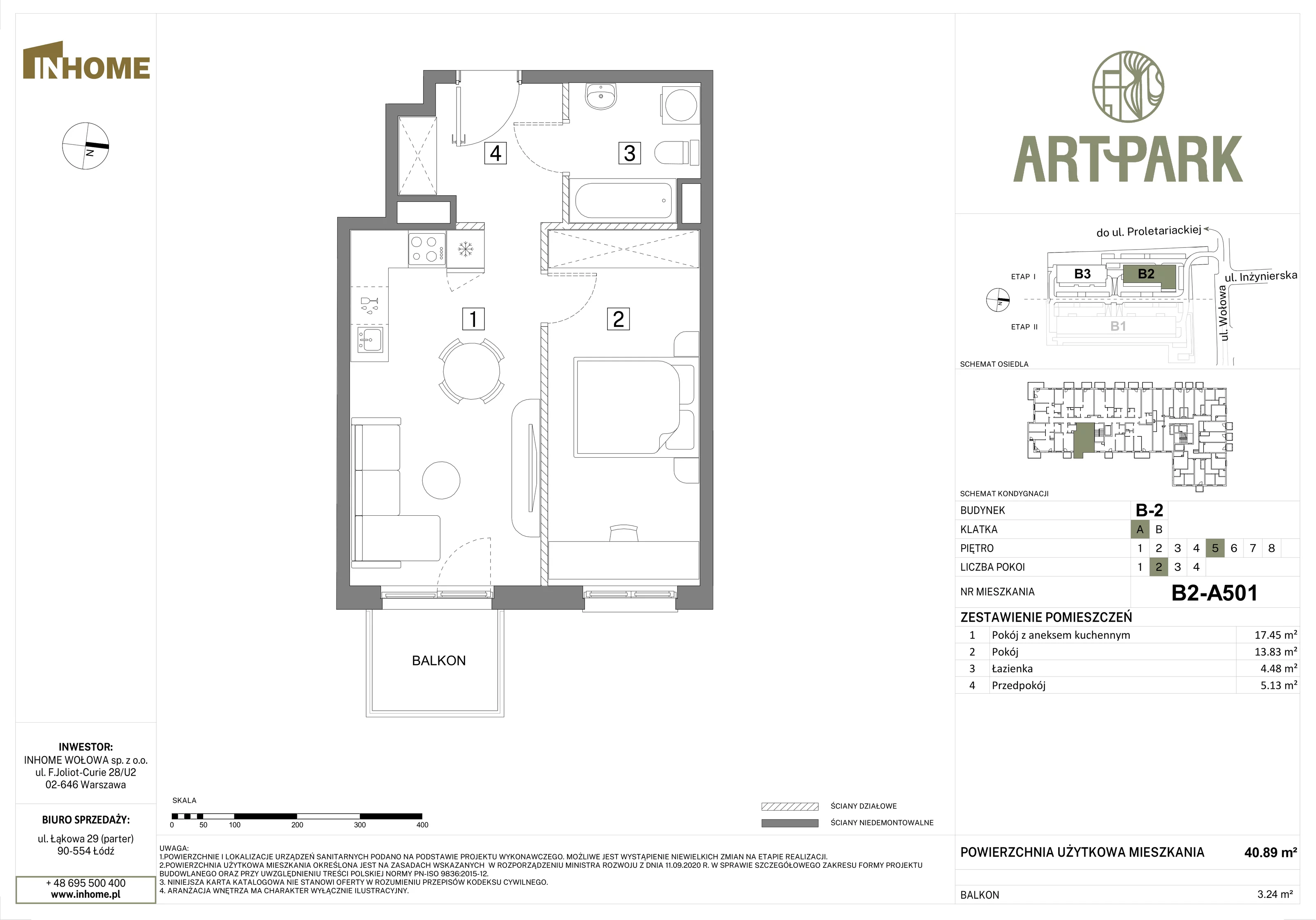 2 pokoje, mieszkanie 40,88 m², piętro 5, oferta nr B2/A501, Osiedle ArtPark, Łódź, Polesie, ul. Wołowa 4a