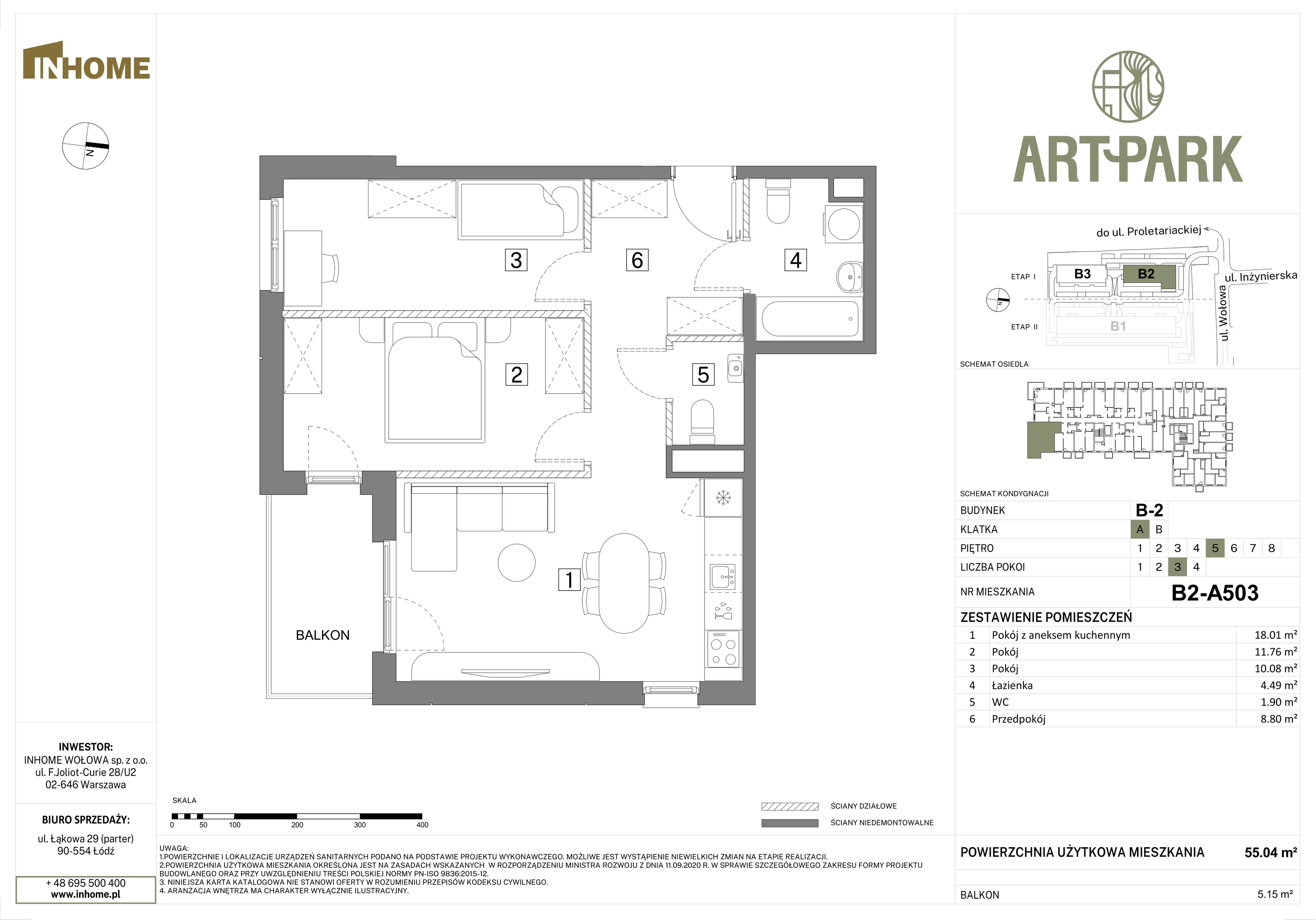 3 pokoje, mieszkanie 55,03 m², piętro 5, oferta nr B2/A503, Osiedle ArtPark, Łódź, Polesie, ul. Wołowa 4a
