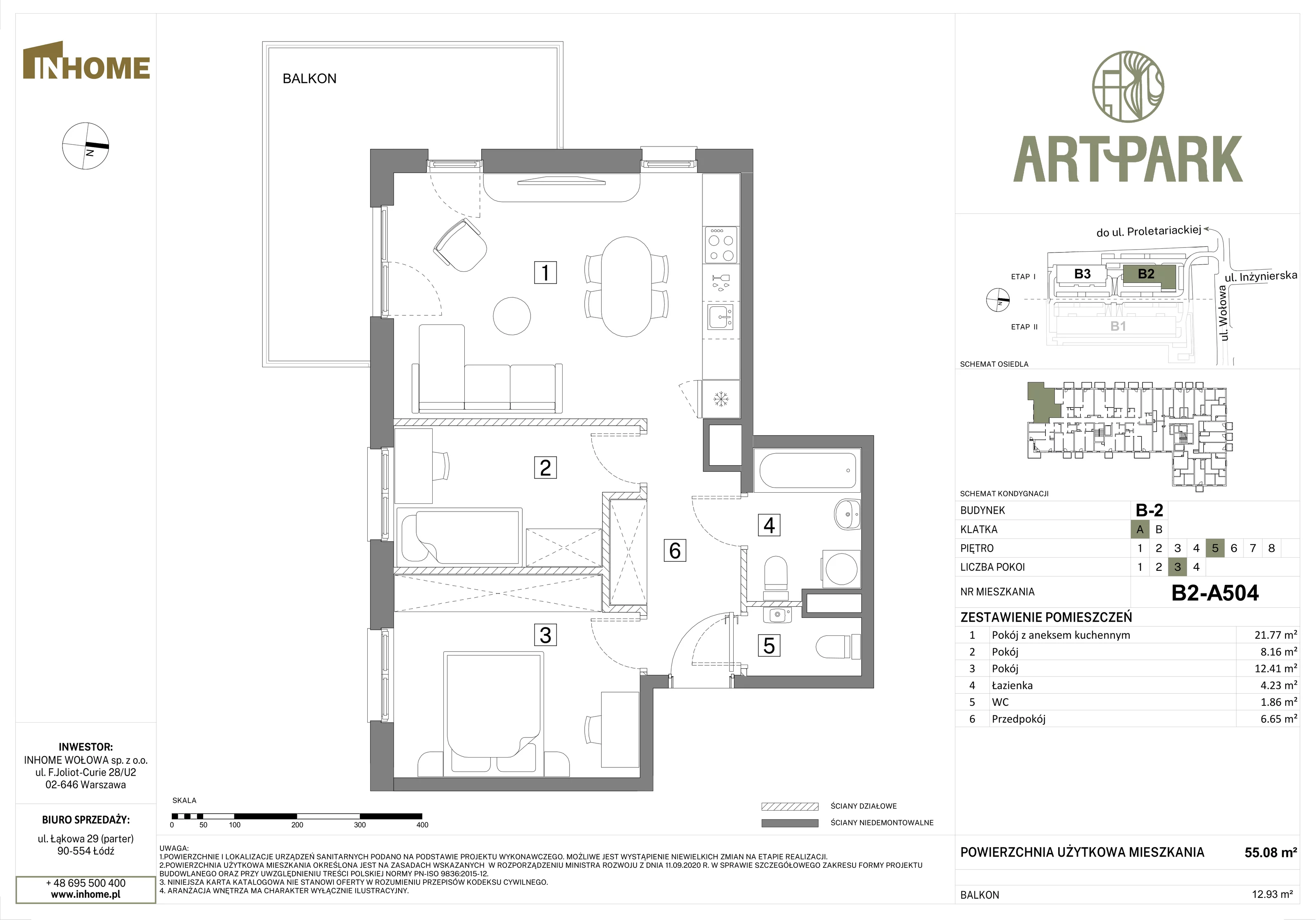 3 pokoje, mieszkanie 55,14 m², piętro 5, oferta nr B2/A504, Osiedle ArtPark, Łódź, Polesie, ul. Wołowa 4a