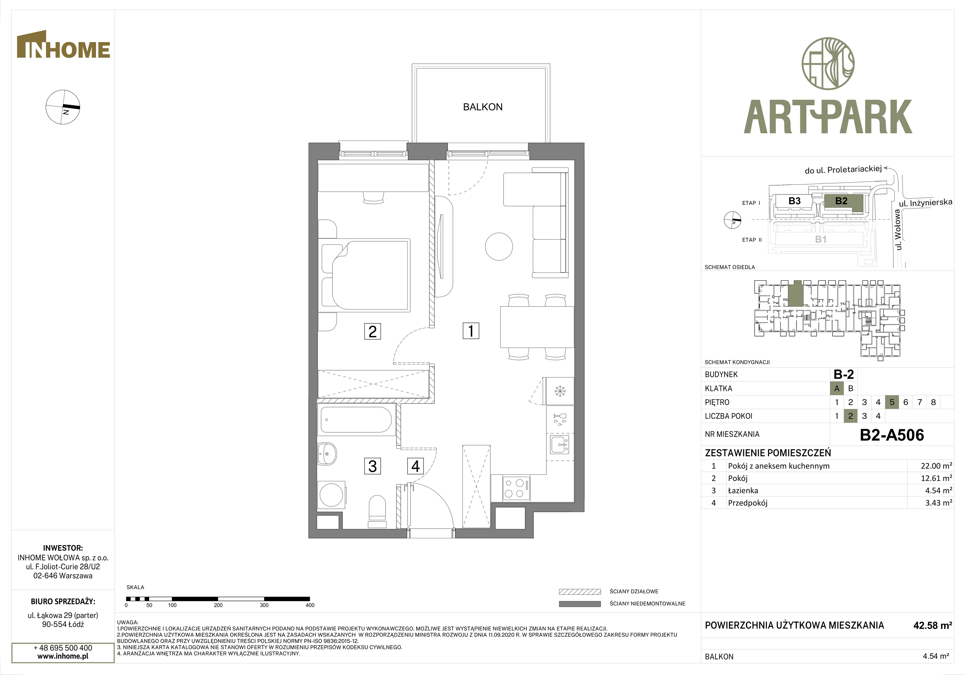 2 pokoje, mieszkanie 42,58 m², piętro 5, oferta nr B2/A506, Osiedle ArtPark, Łódź, Polesie, ul. Wołowa 4a