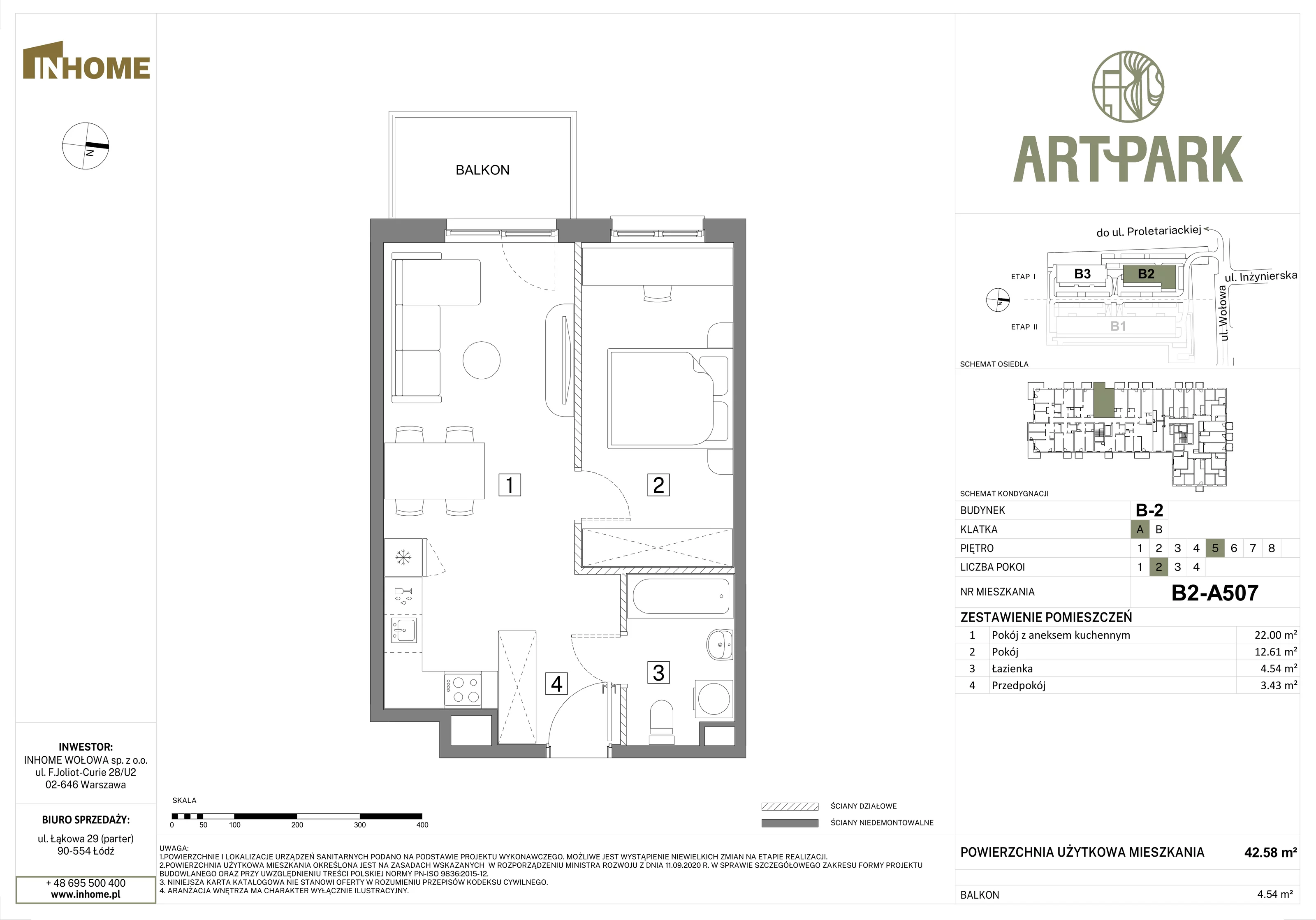 2 pokoje, mieszkanie 42,58 m², piętro 5, oferta nr B2/A507, Osiedle ArtPark, Łódź, Polesie, ul. Wołowa 4a
