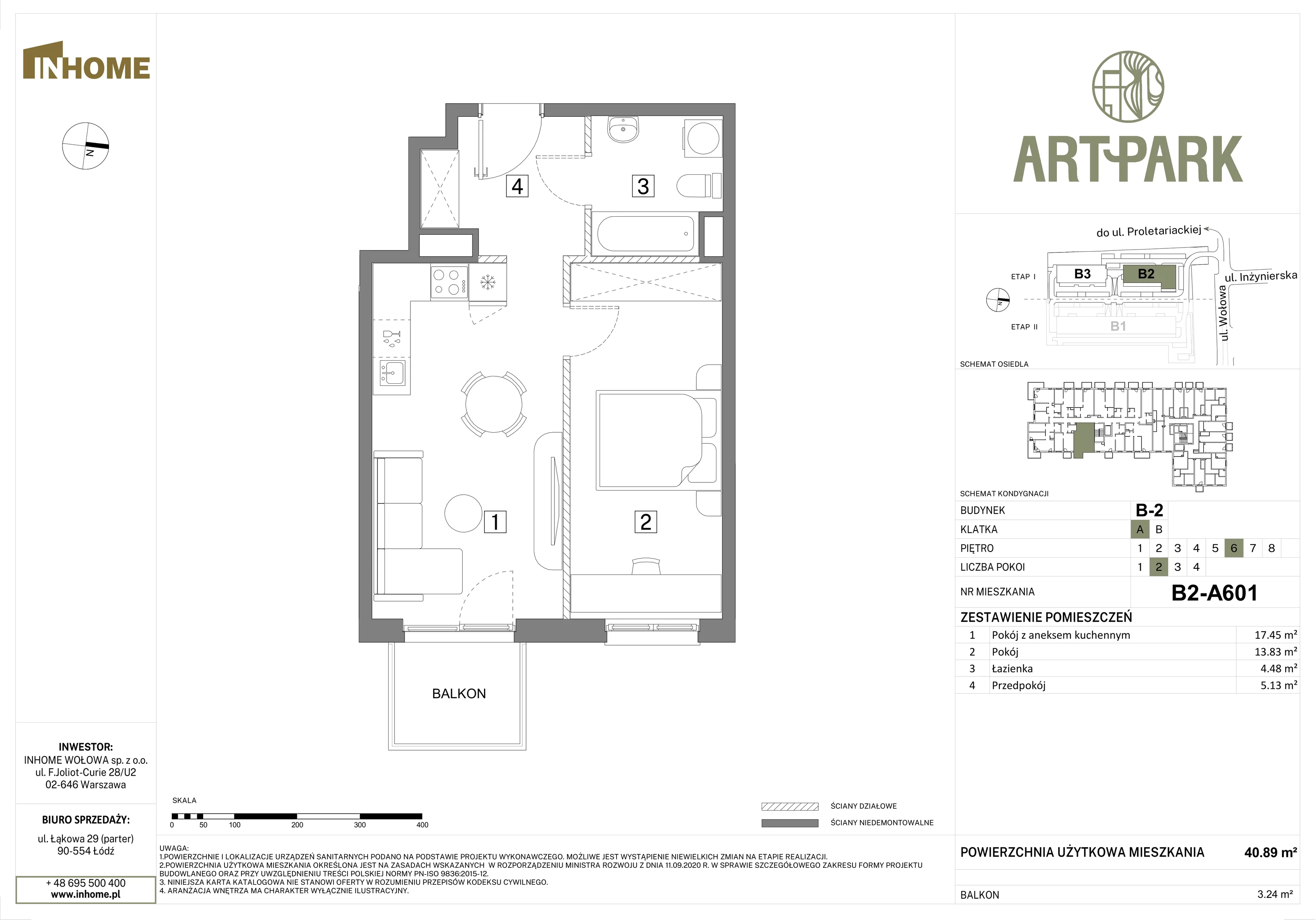 2 pokoje, mieszkanie 40,88 m², piętro 6, oferta nr B2/A601, Osiedle ArtPark, Łódź, Polesie, ul. Wołowa 4a