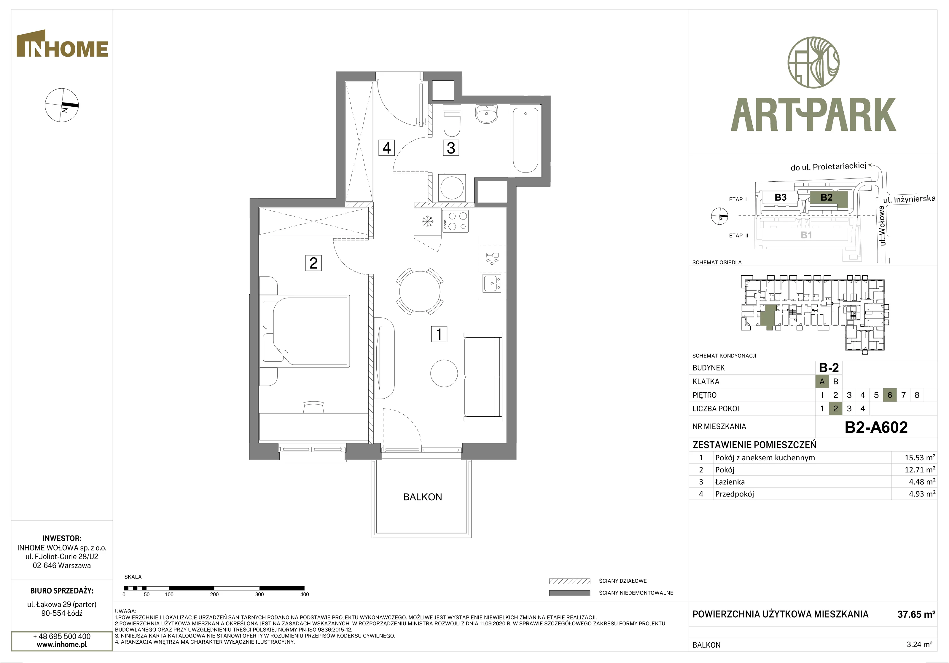 2 pokoje, mieszkanie 37,65 m², piętro 6, oferta nr B2/A602, Osiedle ArtPark, Łódź, Polesie, ul. Wołowa 4a
