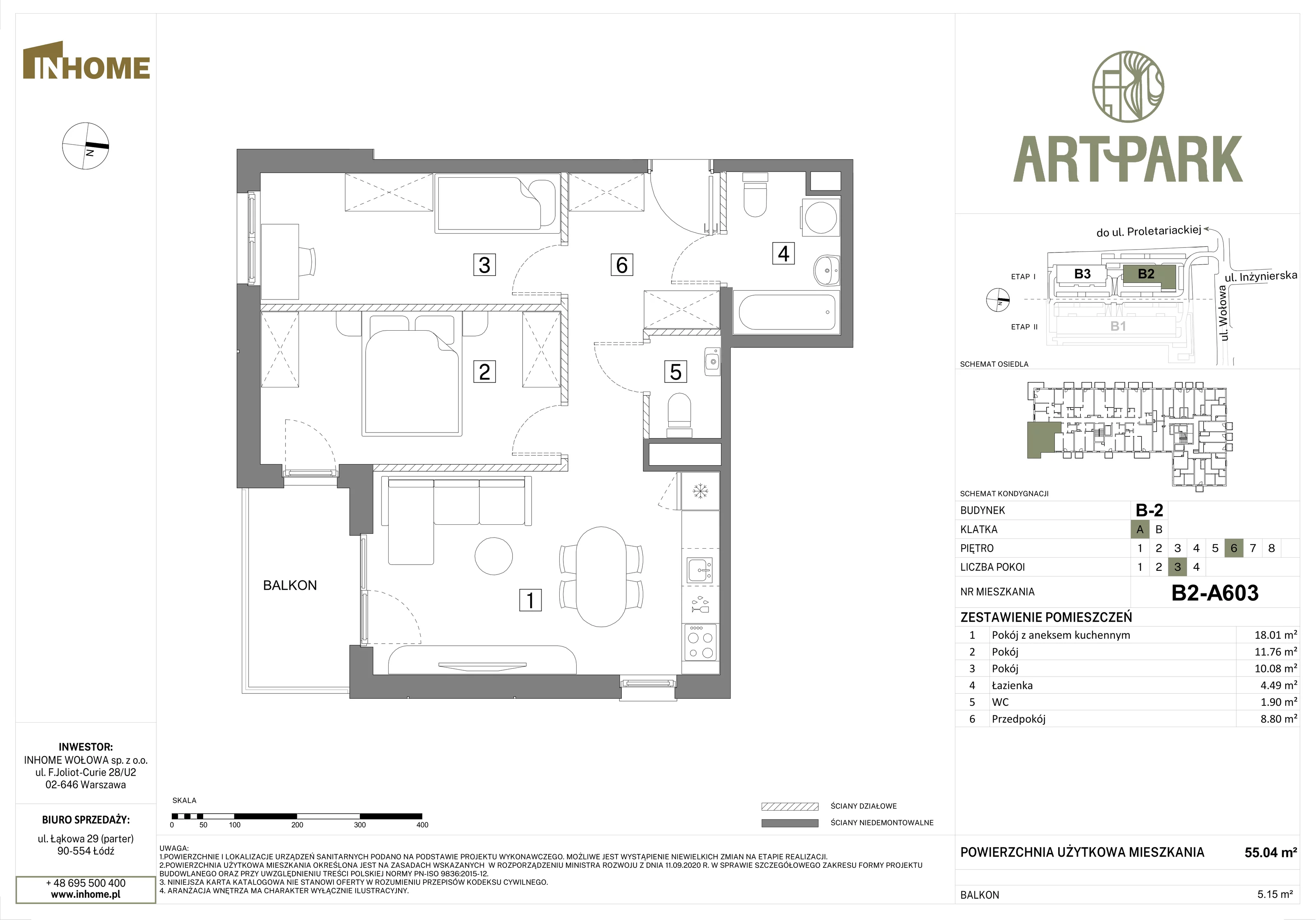 3 pokoje, mieszkanie 55,03 m², piętro 6, oferta nr B2/A603, Osiedle ArtPark, Łódź, Polesie, ul. Wołowa 4a