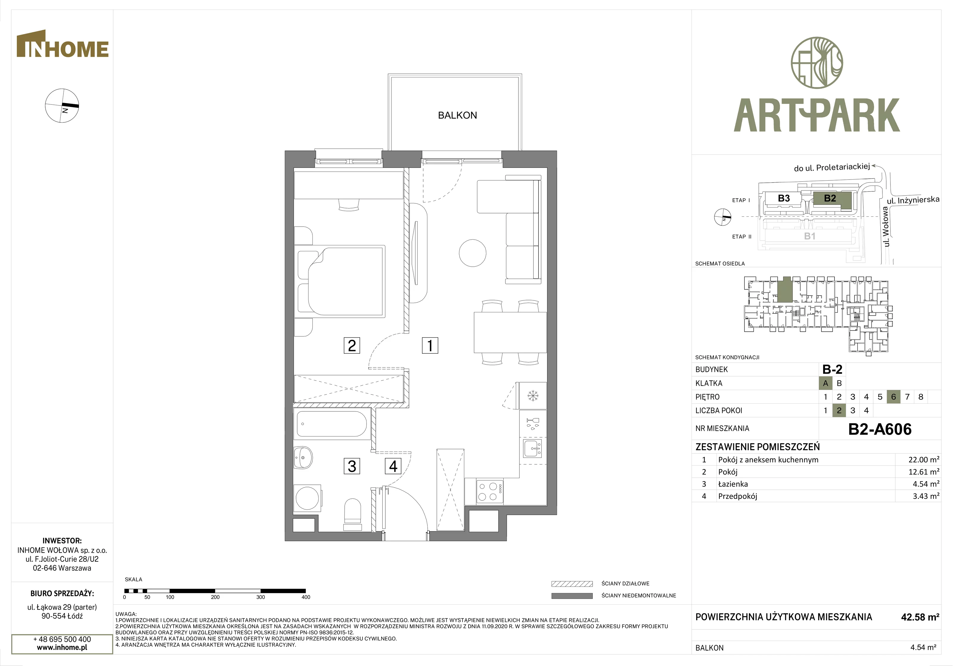 2 pokoje, mieszkanie 42,58 m², piętro 6, oferta nr B2/A606, Osiedle ArtPark, Łódź, Polesie, ul. Wołowa 4a
