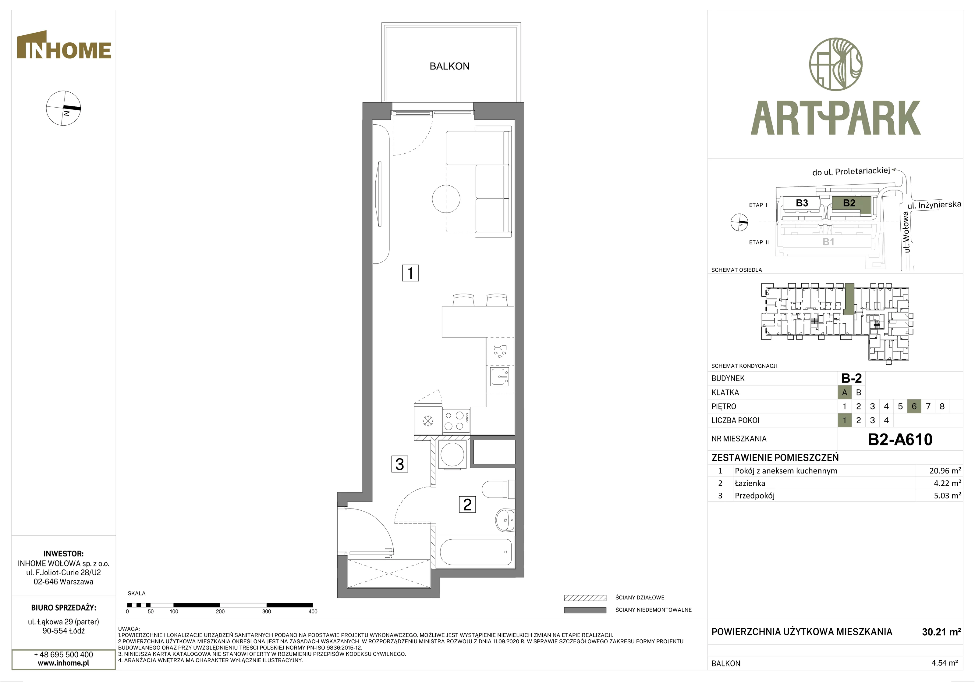 1 pokój, mieszkanie 30,21 m², piętro 6, oferta nr B2/A610, Osiedle ArtPark, Łódź, Polesie, ul. Wołowa 4a