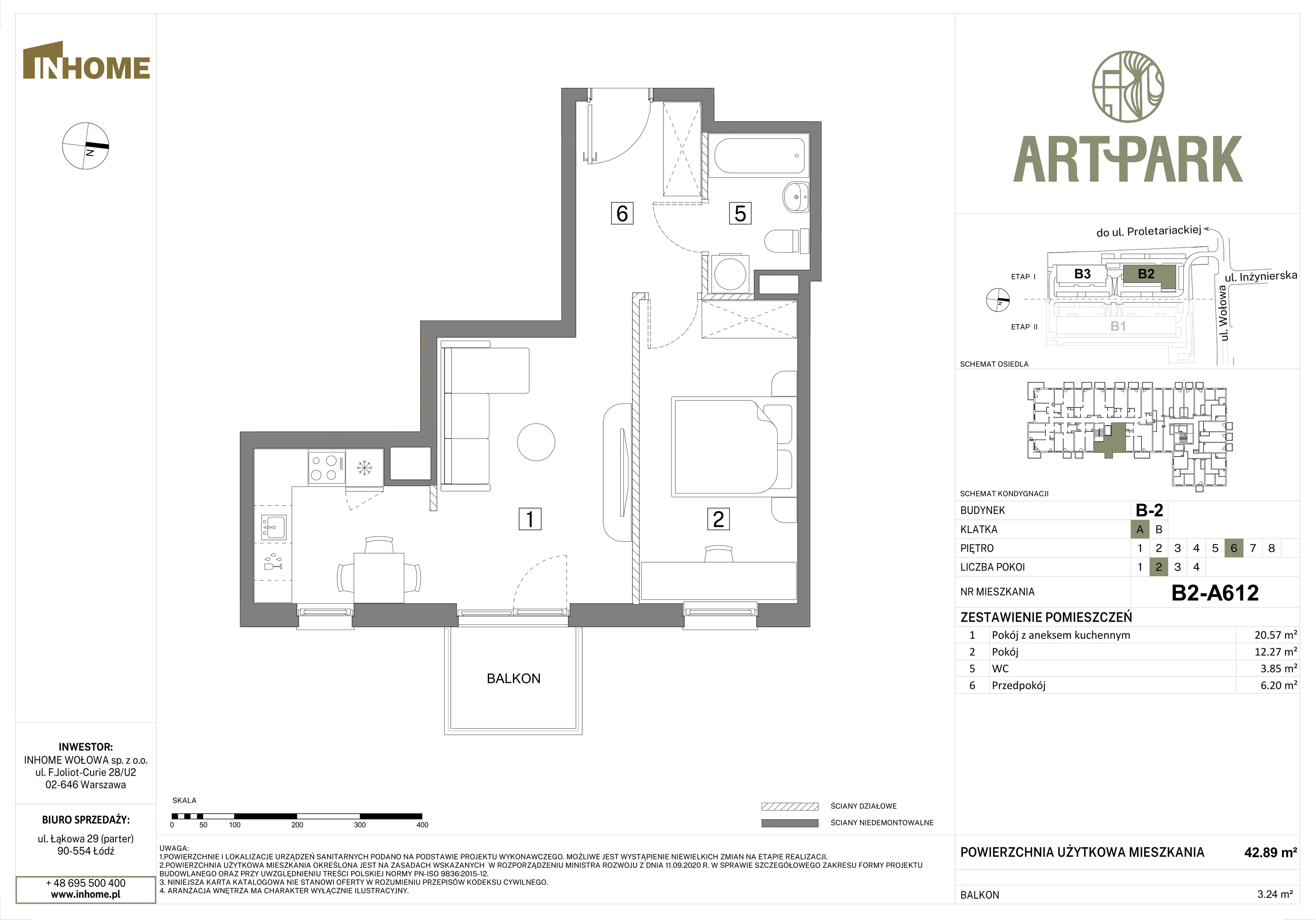 2 pokoje, mieszkanie 42,89 m², piętro 6, oferta nr B2/A612, Osiedle ArtPark, Łódź, Polesie, ul. Wołowa 4a