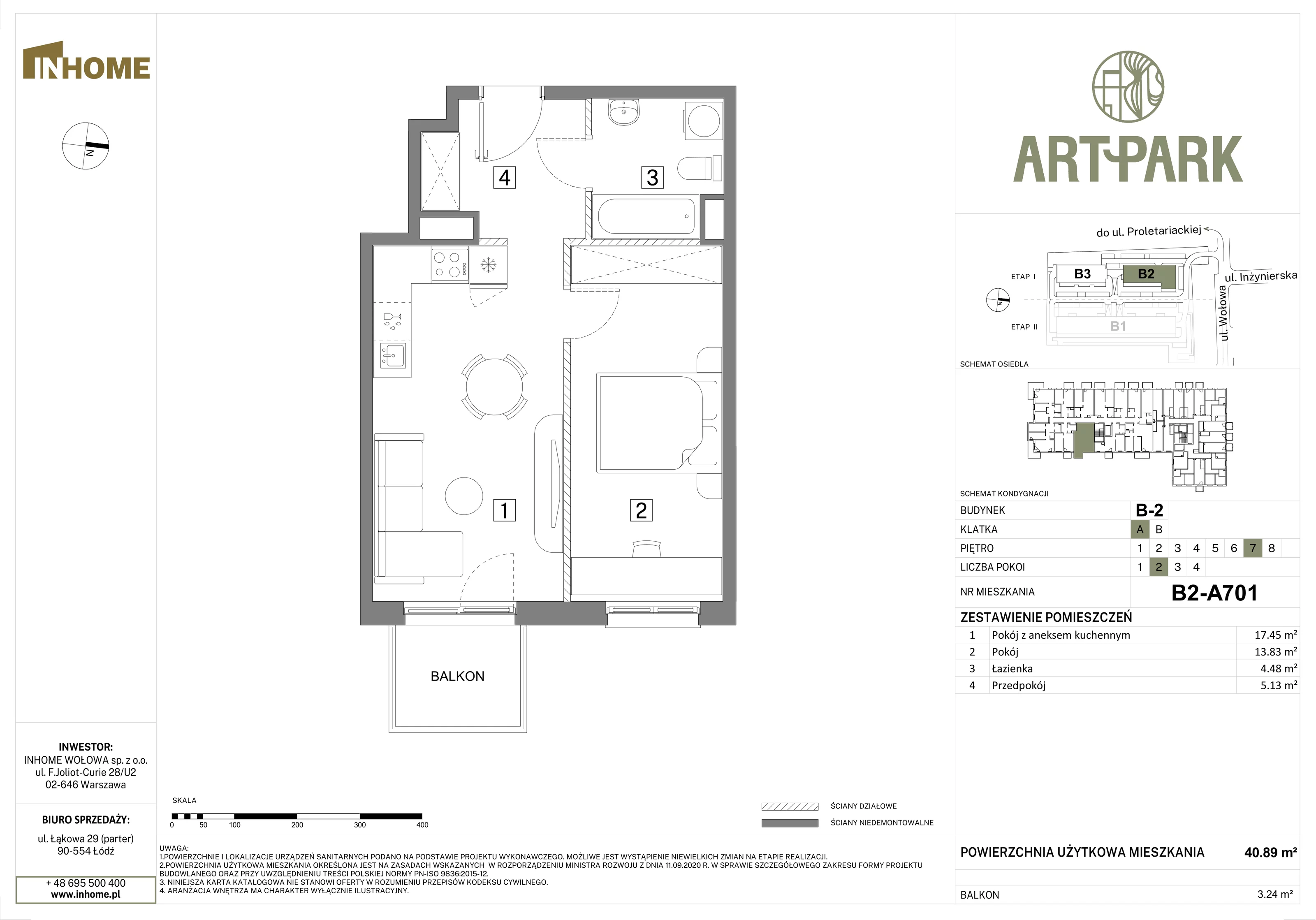 2 pokoje, mieszkanie 40,88 m², piętro 7, oferta nr B2/A701, Osiedle ArtPark, Łódź, Polesie, ul. Wołowa 4a