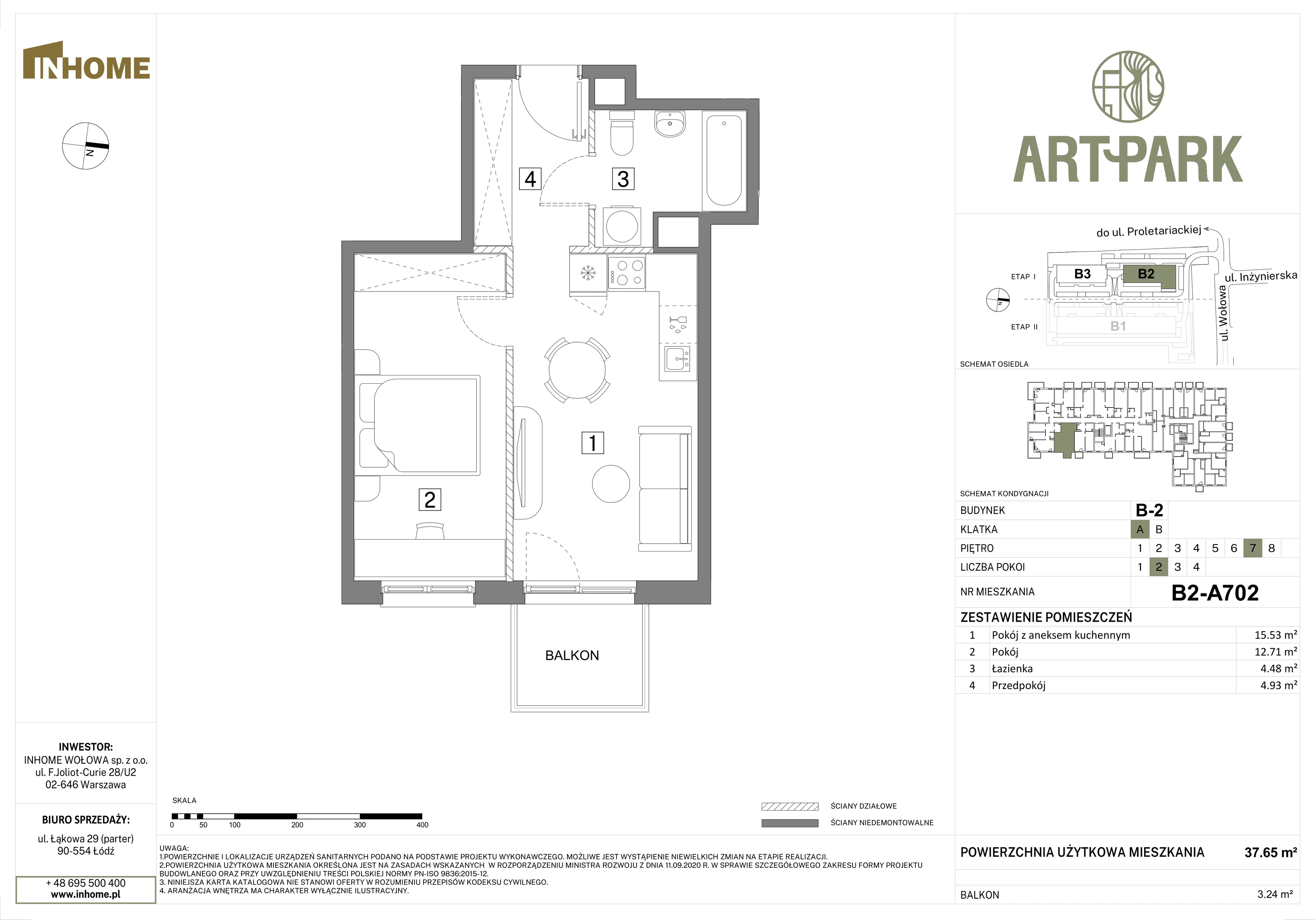 2 pokoje, mieszkanie 37,65 m², piętro 7, oferta nr B2/A702, Osiedle ArtPark, Łódź, Polesie, ul. Wołowa 4a