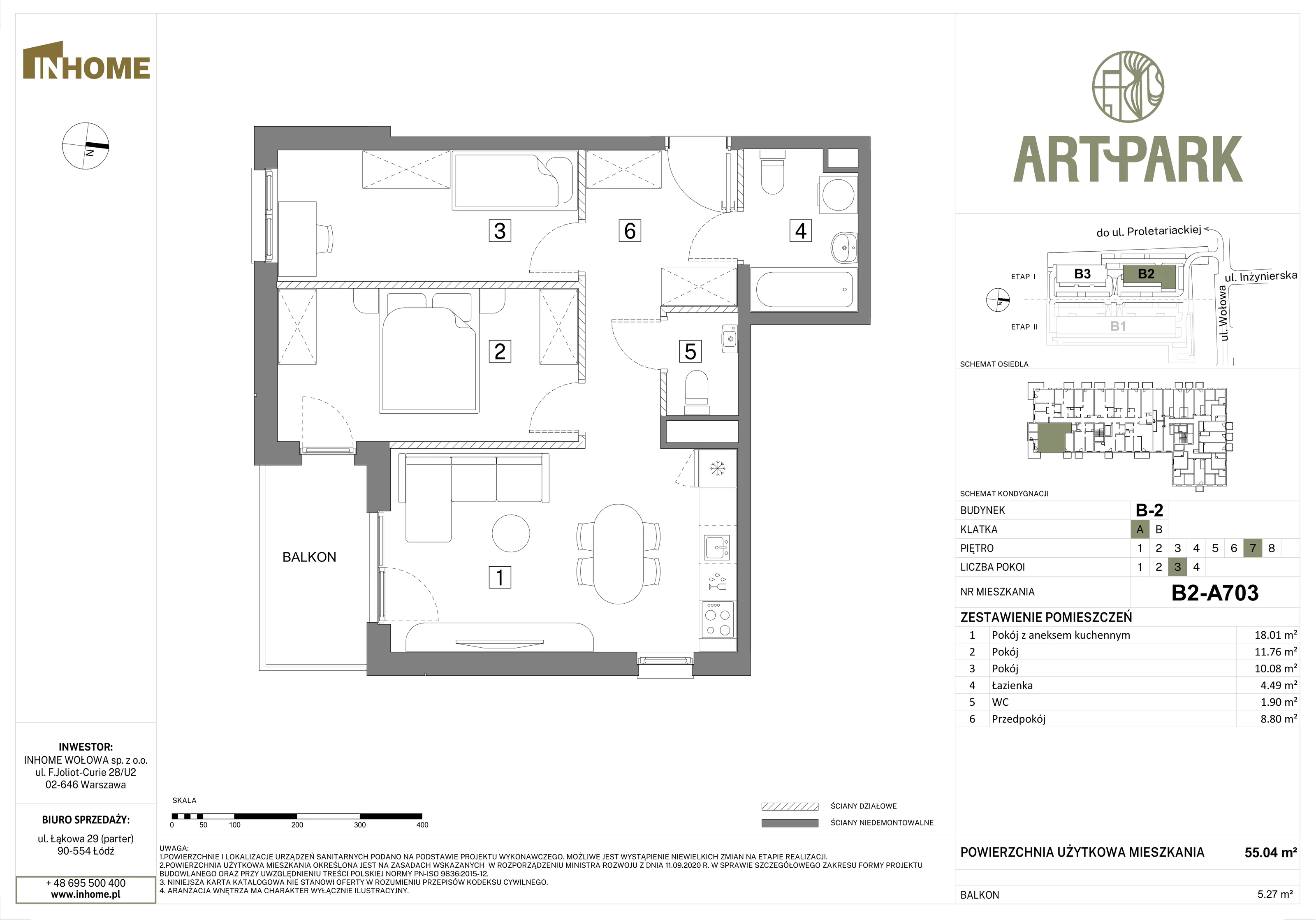 3 pokoje, mieszkanie 55,03 m², piętro 7, oferta nr B2/A703, Osiedle ArtPark, Łódź, Polesie, ul. Wołowa 4a