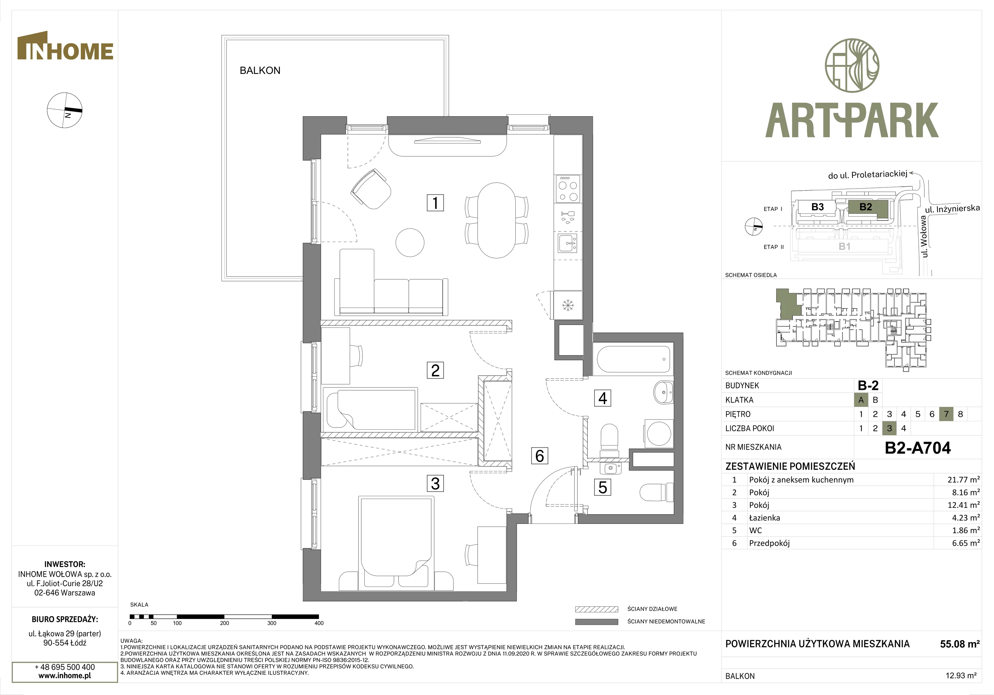 3 pokoje, mieszkanie 55,15 m², piętro 7, oferta nr B2/A704, Osiedle ArtPark, Łódź, Polesie, ul. Wołowa 4a