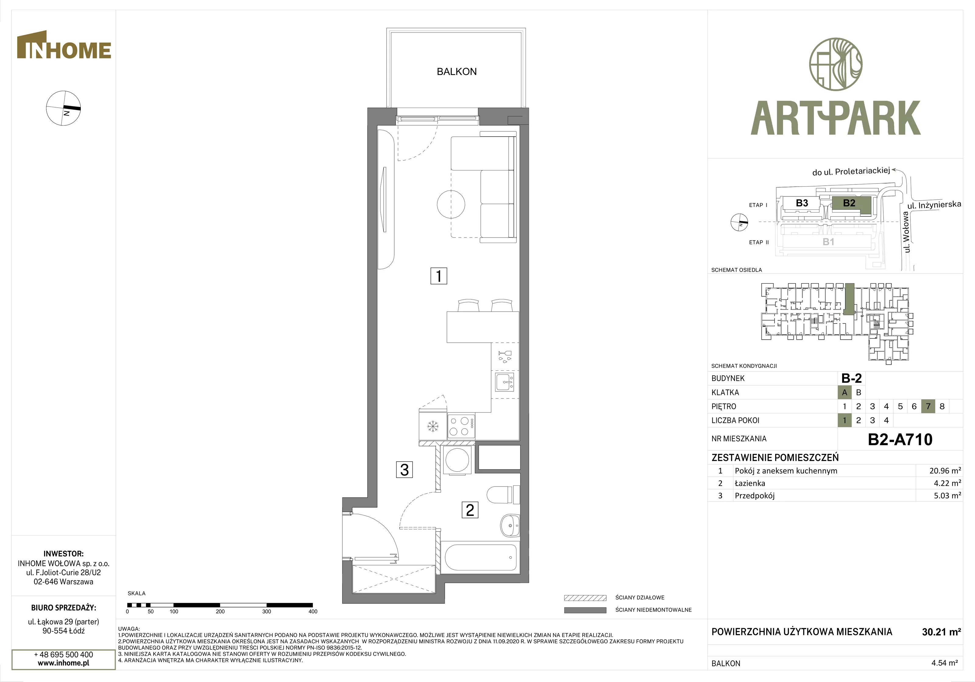 1 pokój, mieszkanie 30,21 m², piętro 7, oferta nr B2/A710, Osiedle ArtPark, Łódź, Polesie, ul. Wołowa 4a