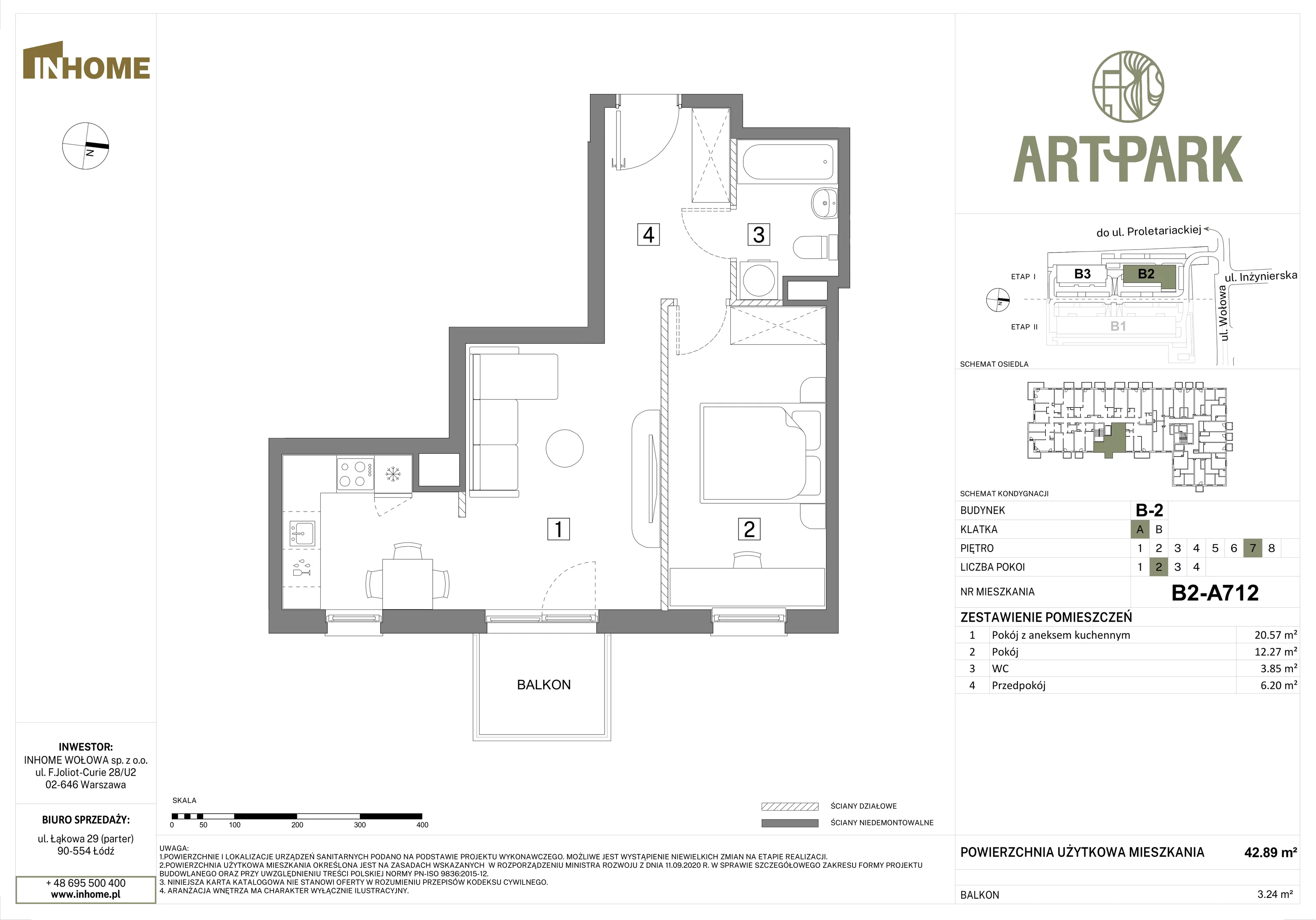 2 pokoje, mieszkanie 42,89 m², piętro 7, oferta nr B2/A712, Osiedle ArtPark, Łódź, Polesie, ul. Wołowa 4a