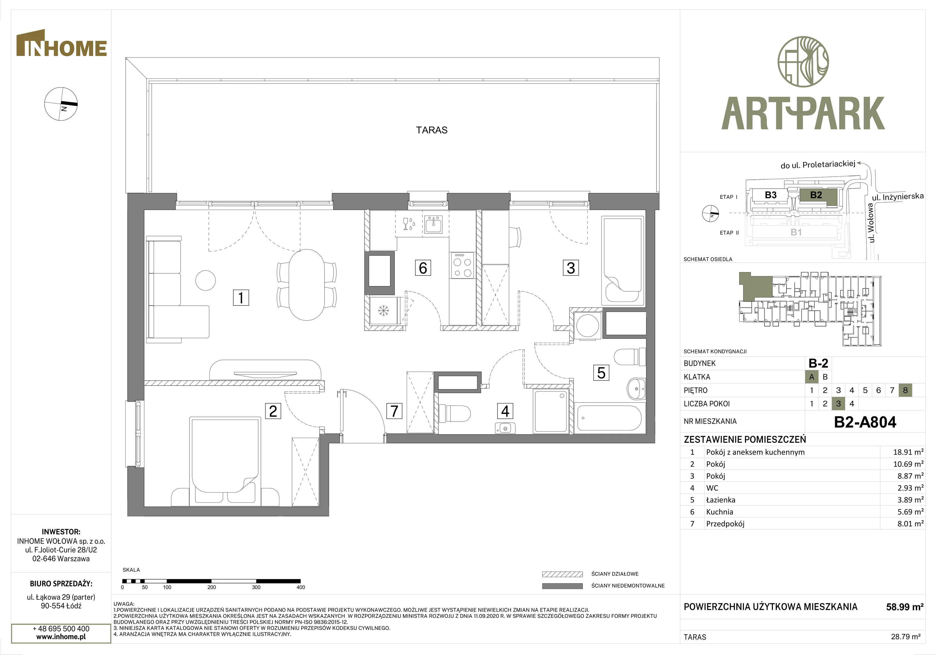 3 pokoje, mieszkanie 59,03 m², piętro 8, oferta nr B2/A804, Osiedle ArtPark, Łódź, Polesie, ul. Wołowa 4a