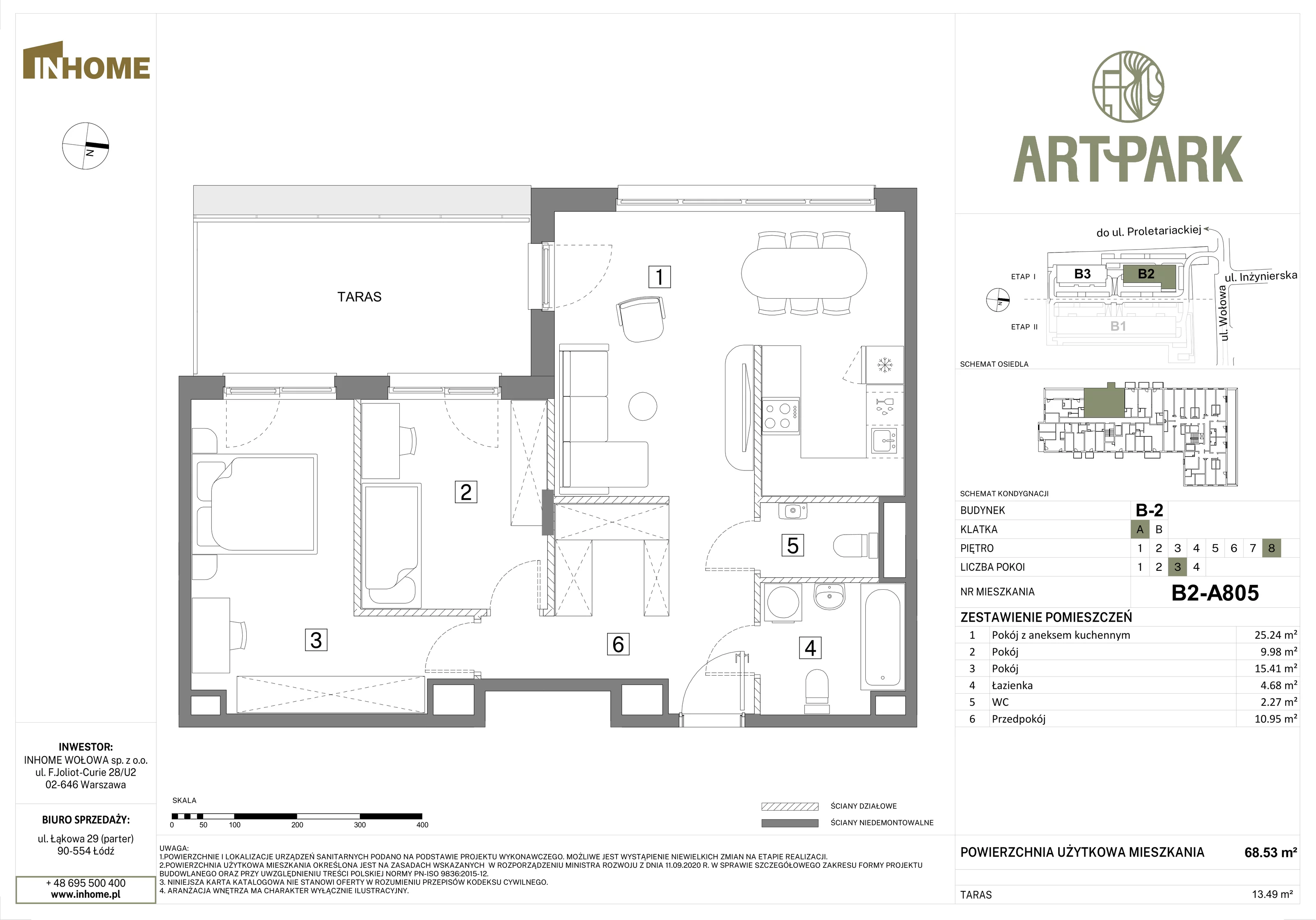3 pokoje, mieszkanie 68,53 m², piętro 8, oferta nr B2/A805, Osiedle ArtPark, Łódź, Polesie, ul. Wołowa 4a