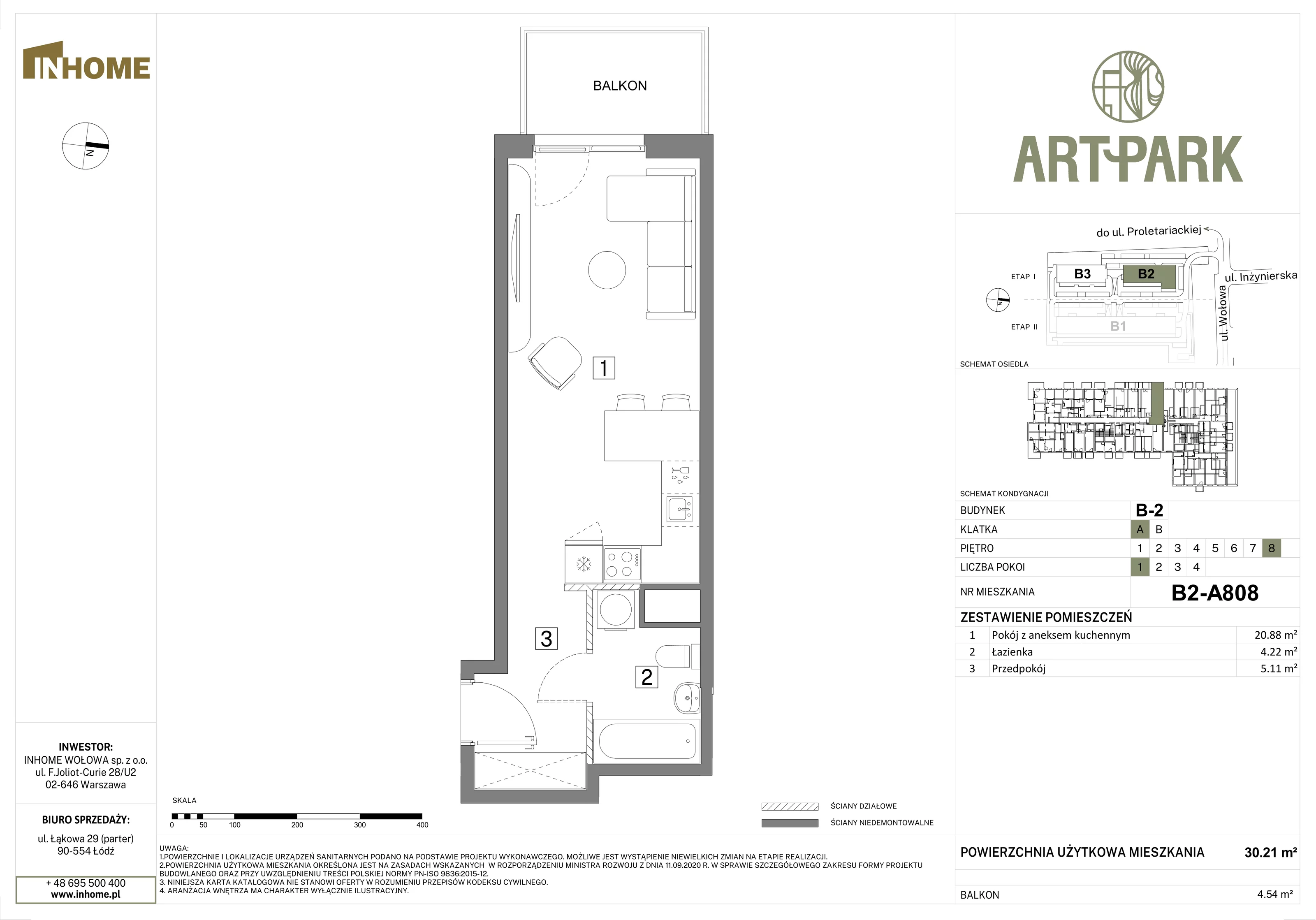 1 pokój, mieszkanie 30,21 m², piętro 8, oferta nr B2/A808, Osiedle ArtPark, Łódź, Polesie, ul. Wołowa 4a