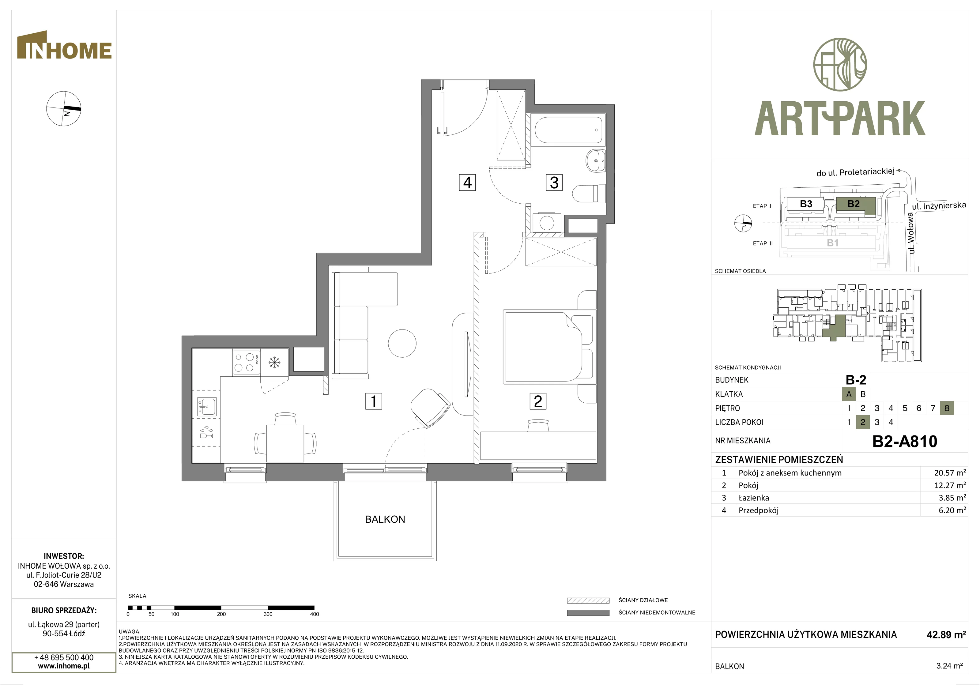 2 pokoje, mieszkanie 42,89 m², piętro 8, oferta nr B2/A810, Osiedle ArtPark, Łódź, Polesie, ul. Wołowa 4a