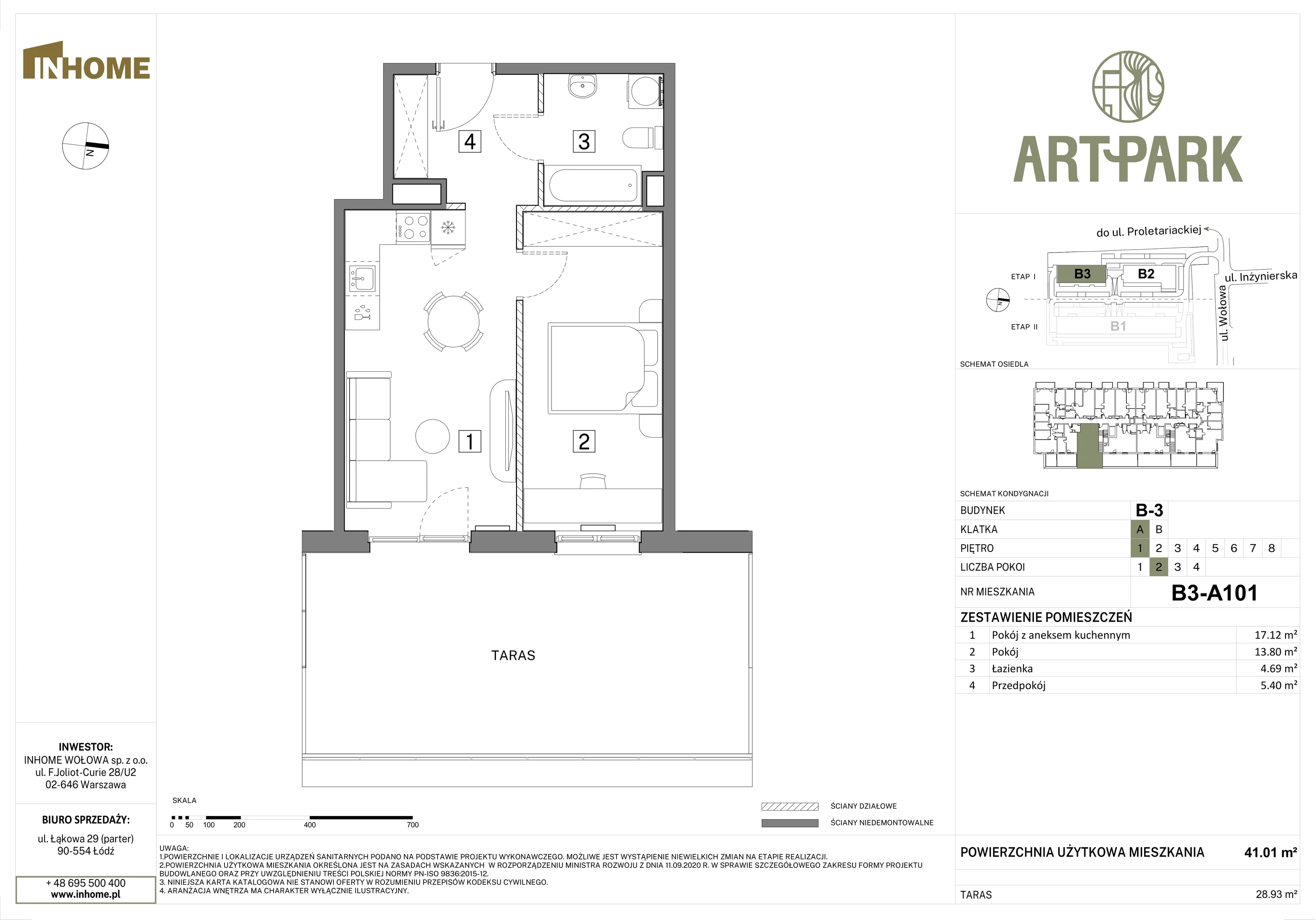2 pokoje, mieszkanie 41,00 m², piętro 1, oferta nr B3/A101, Osiedle ArtPark, Łódź, Polesie, ul. Wołowa 4a