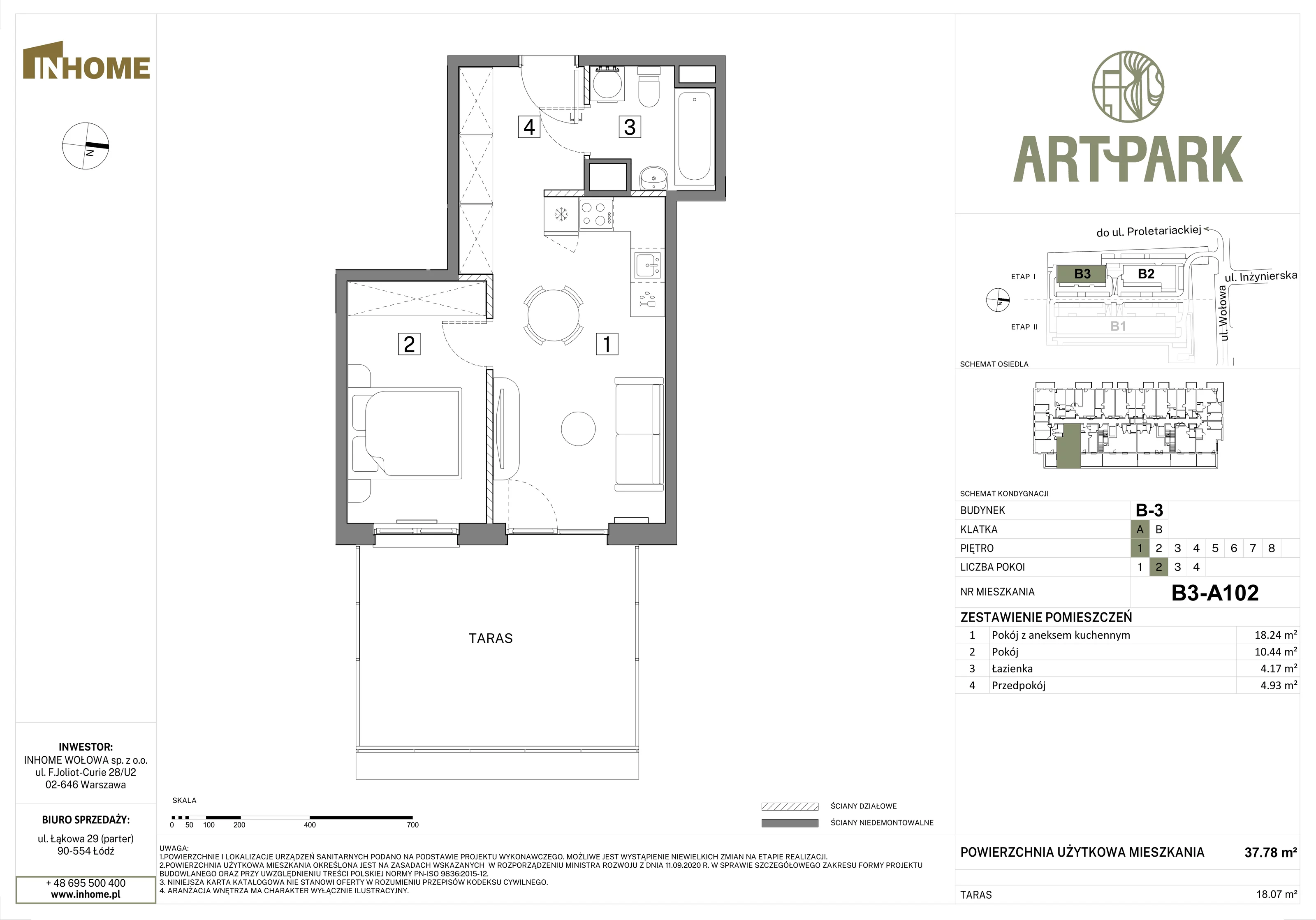 2 pokoje, mieszkanie 37,78 m², piętro 1, oferta nr B3/A102, Osiedle ArtPark, Łódź, Polesie, ul. Wołowa 4a