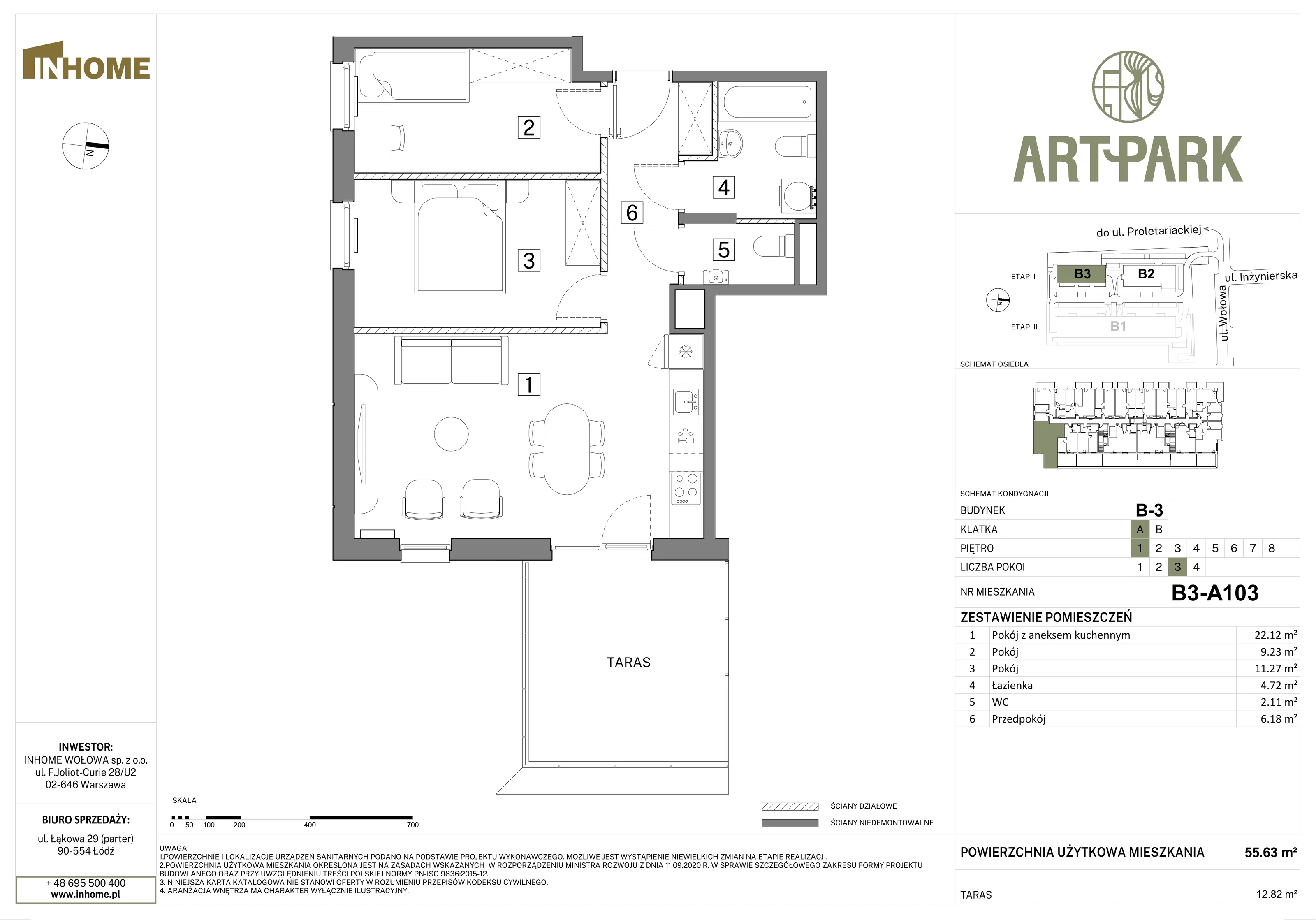 3 pokoje, mieszkanie 55,59 m², piętro 1, oferta nr B3/A103, Osiedle ArtPark, Łódź, Polesie, ul. Wołowa 4a