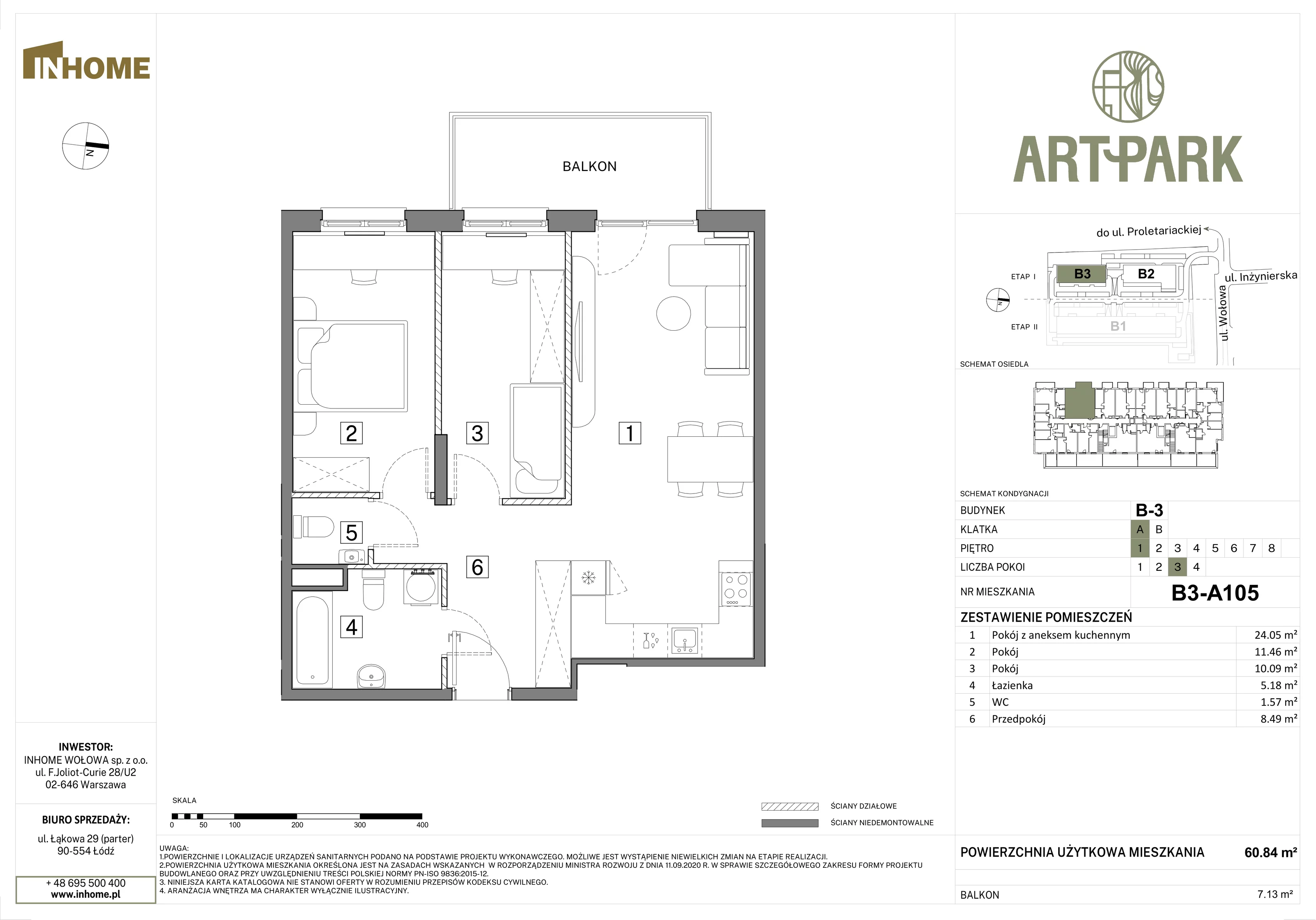3 pokoje, mieszkanie 60,82 m², piętro 1, oferta nr B3/A105, Osiedle ArtPark, Łódź, Polesie, ul. Wołowa 4a