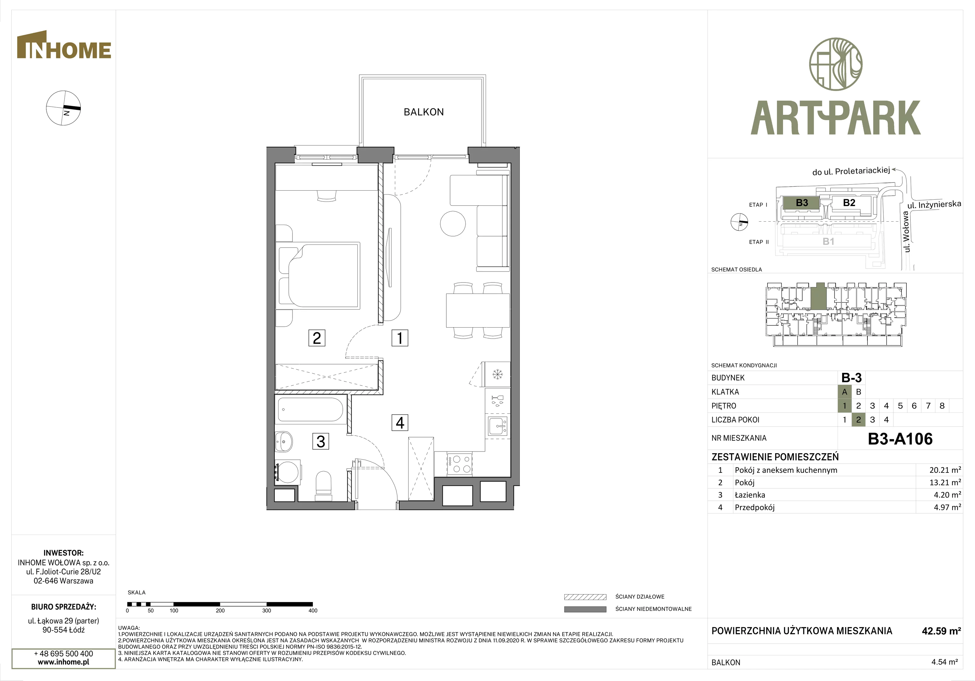 2 pokoje, mieszkanie 42,60 m², piętro 1, oferta nr B3/A106, Osiedle ArtPark, Łódź, Polesie, ul. Wołowa 4a