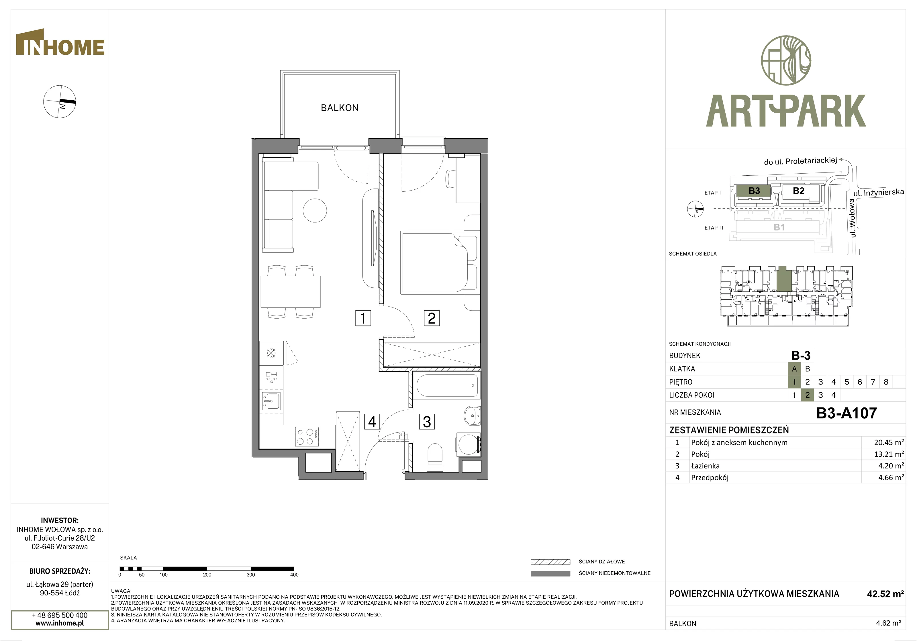 2 pokoje, mieszkanie 42,52 m², piętro 1, oferta nr B3/A107, Osiedle ArtPark, Łódź, Polesie, ul. Wołowa 4a