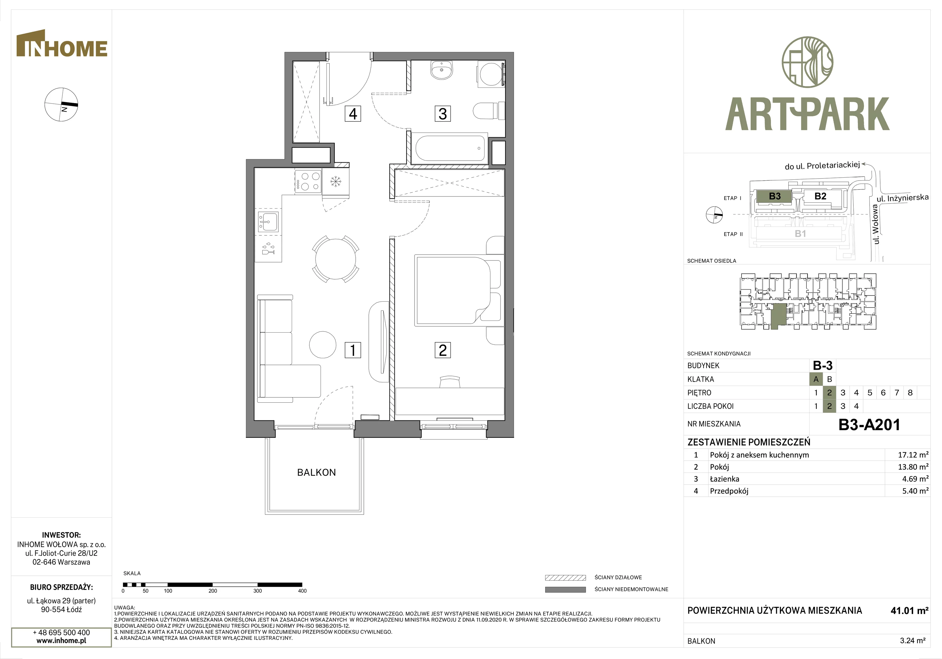 2 pokoje, mieszkanie 41,01 m², piętro 2, oferta nr B3/A201, Osiedle ArtPark, Łódź, Polesie, ul. Wołowa 4a