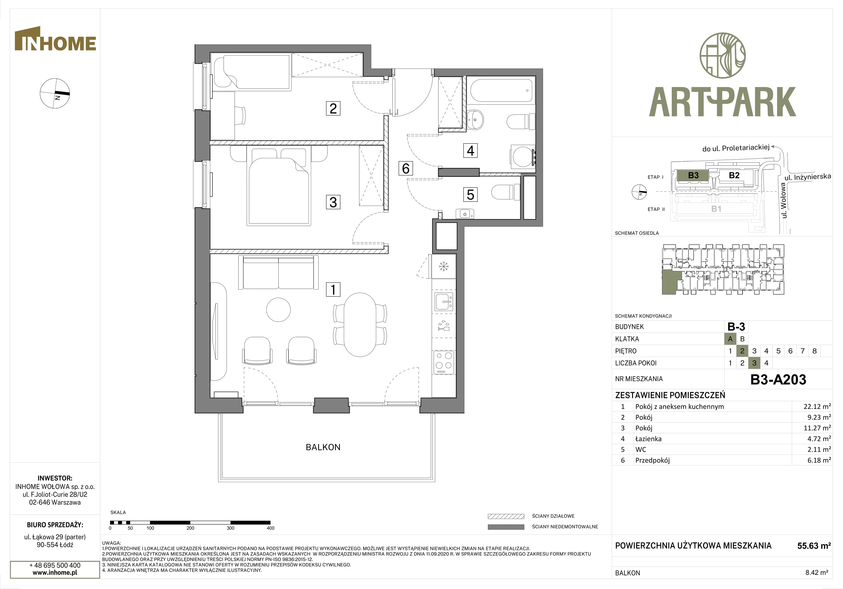 3 pokoje, mieszkanie 55,60 m², piętro 2, oferta nr B3/A203, Osiedle ArtPark, Łódź, Polesie, ul. Wołowa 4a