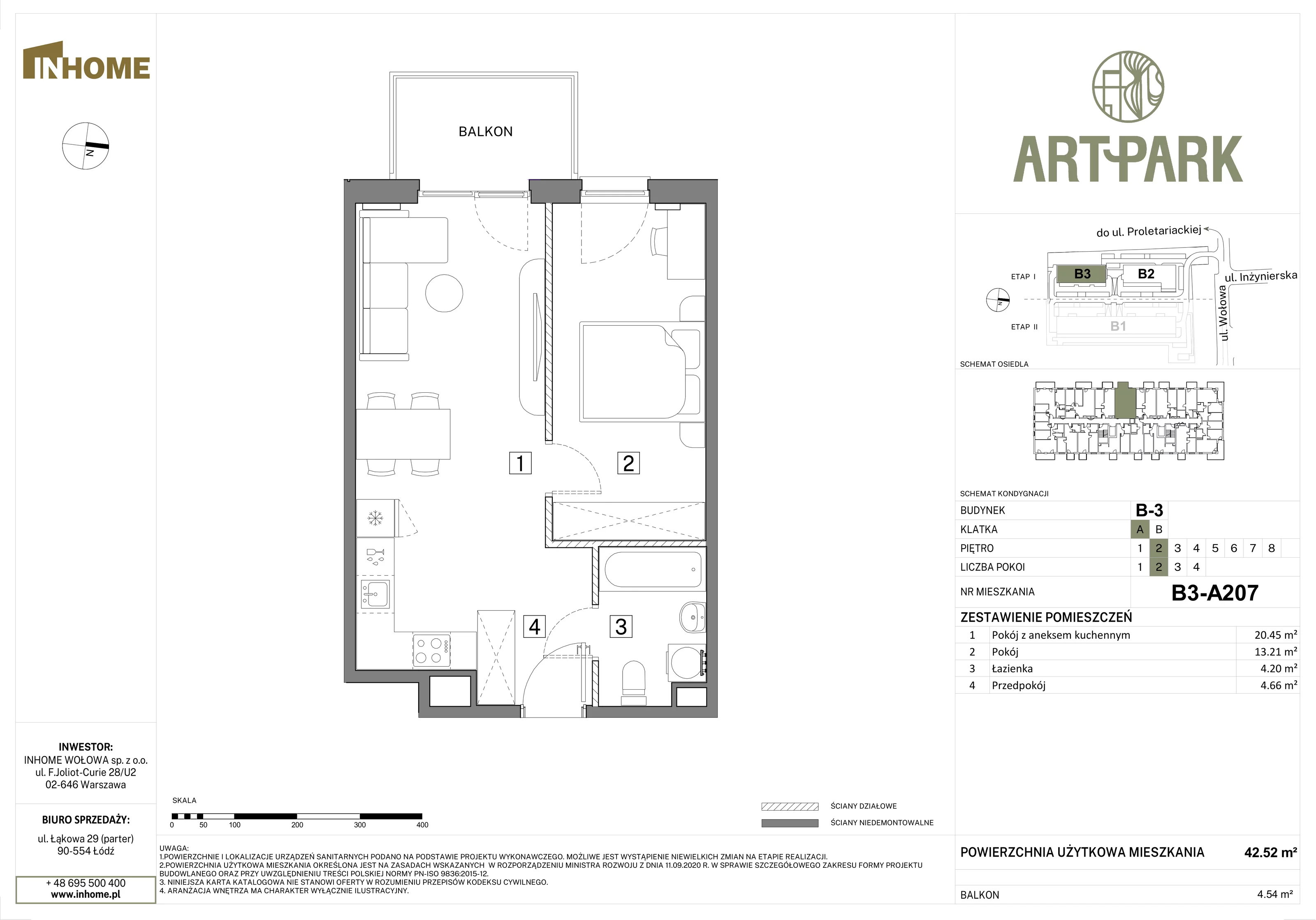 2 pokoje, mieszkanie 42,52 m², piętro 2, oferta nr B3/A207, Osiedle ArtPark, Łódź, Polesie, ul. Wołowa 4a